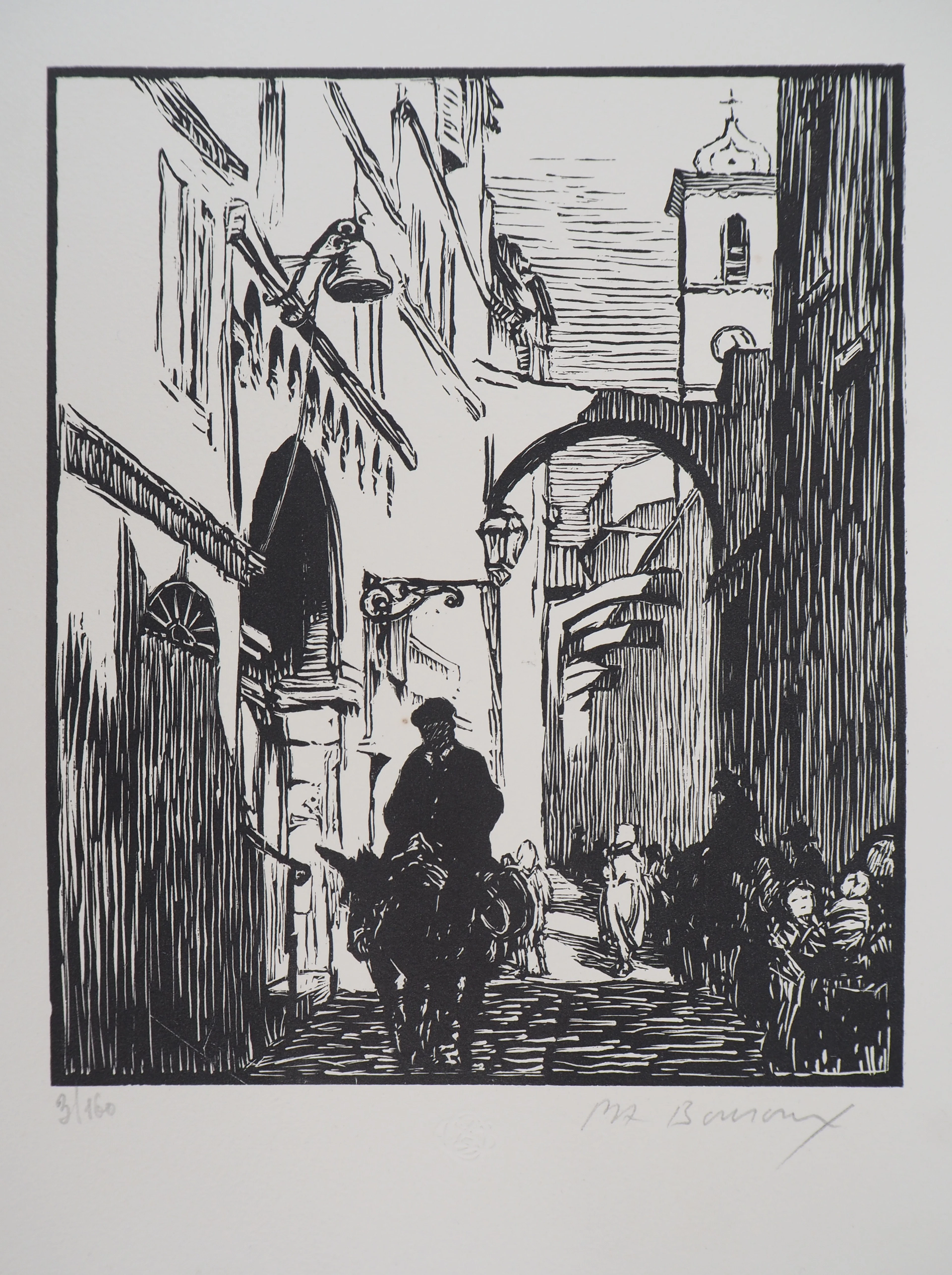 Paul Adrien BOUROUX - Corse, Rue à Bonifacio - Bois gravé original signé, 1926