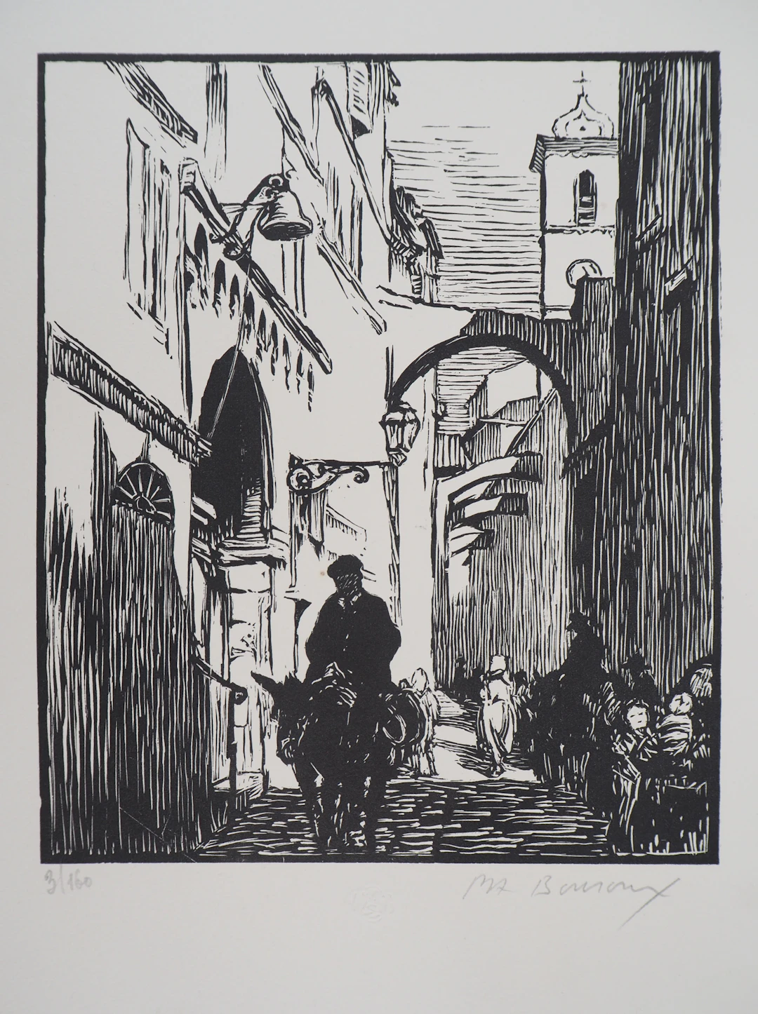 Paul Adrien BOUROUX - Corse, Rue à Bonifacio - Bois gravé original signé, 1926