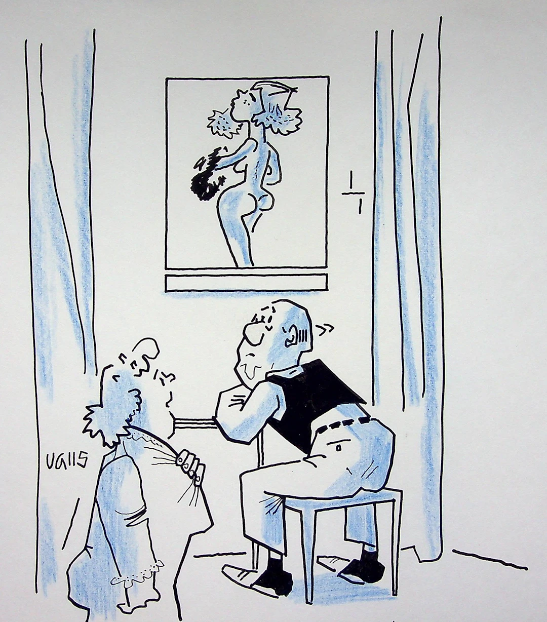 Guy VALLS : Derrière les rideaux - Dessin original signé
