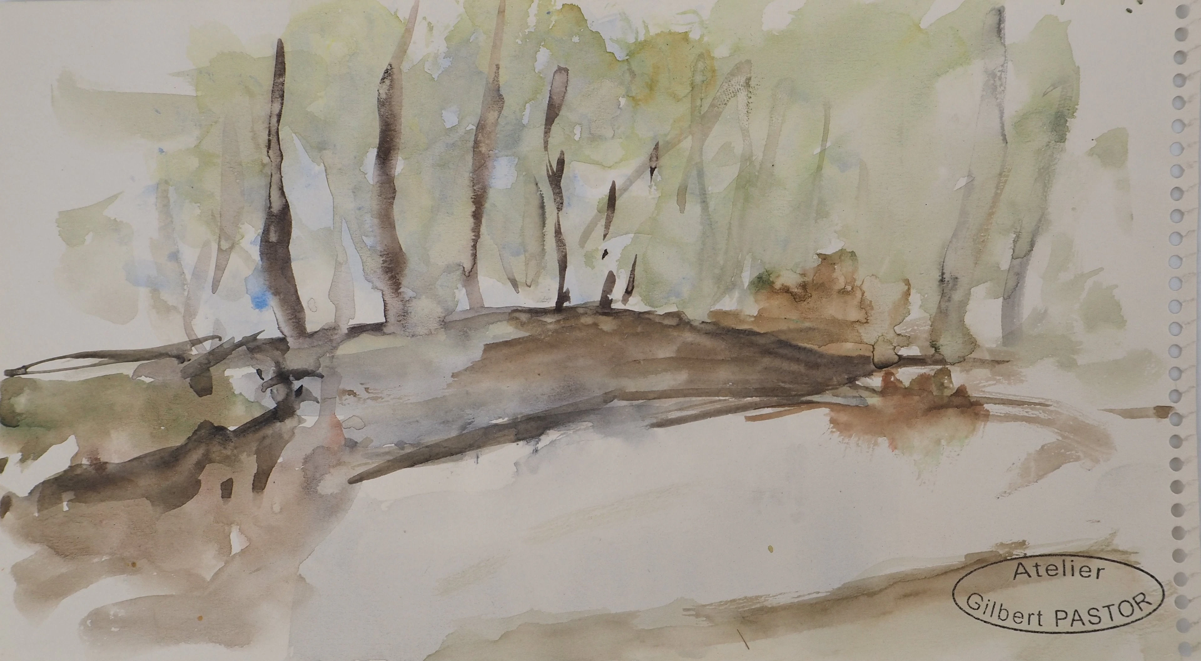 Gilbert PASTOR : Allée dans les arbres, Aquarelle originale signée