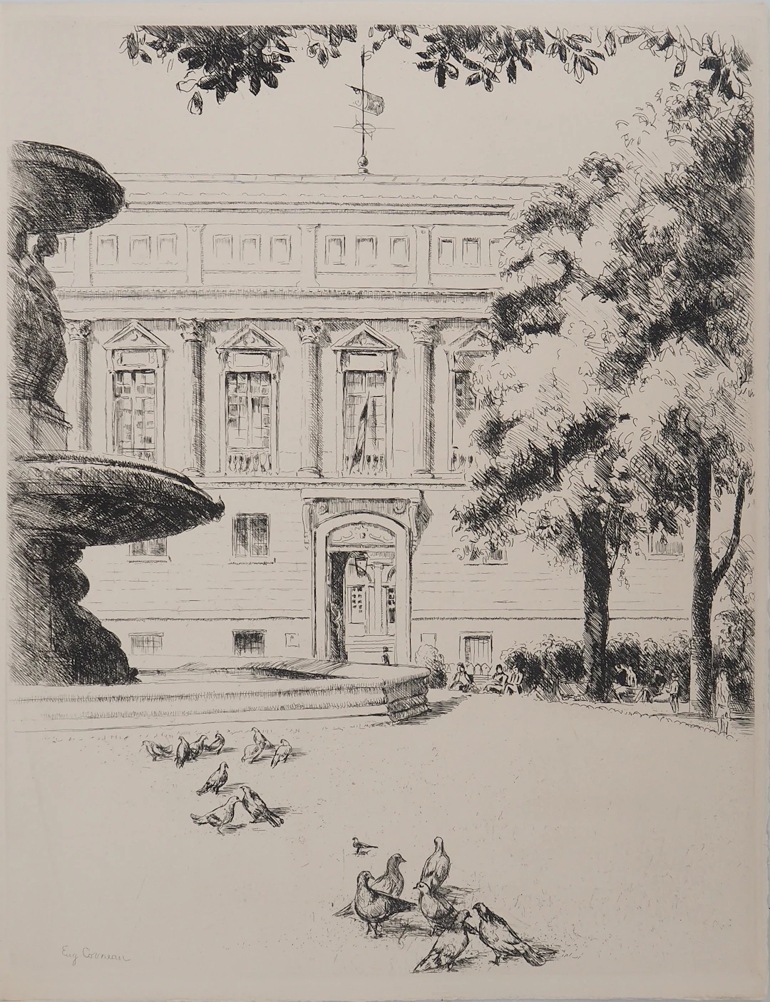 Eugene CORNEAU : Jardin de la Bibliothèque Nationale, Gravure originale signée