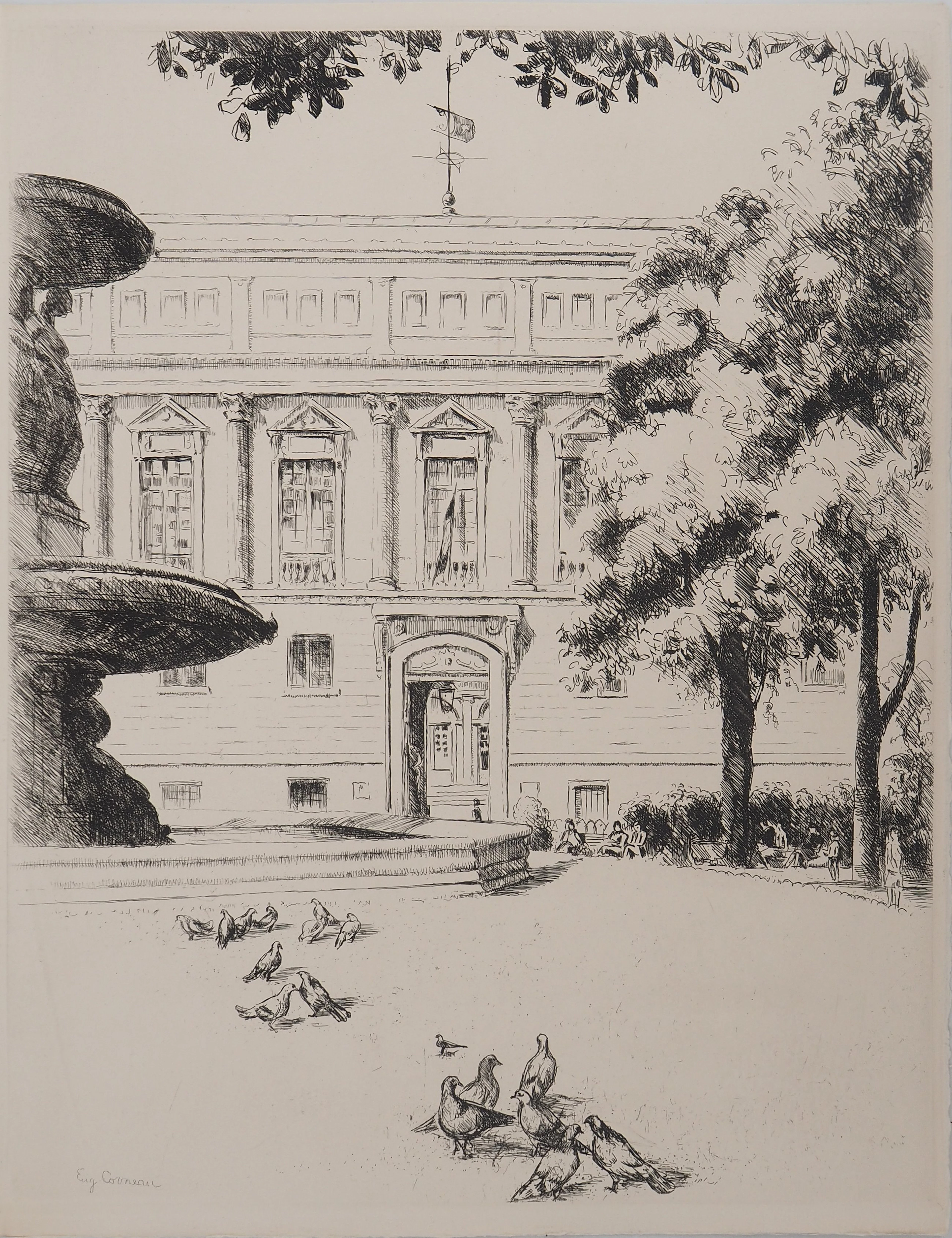 Eugene CORNEAU : Jardin de la Bibliothèque Nationale, Gravure originale signée