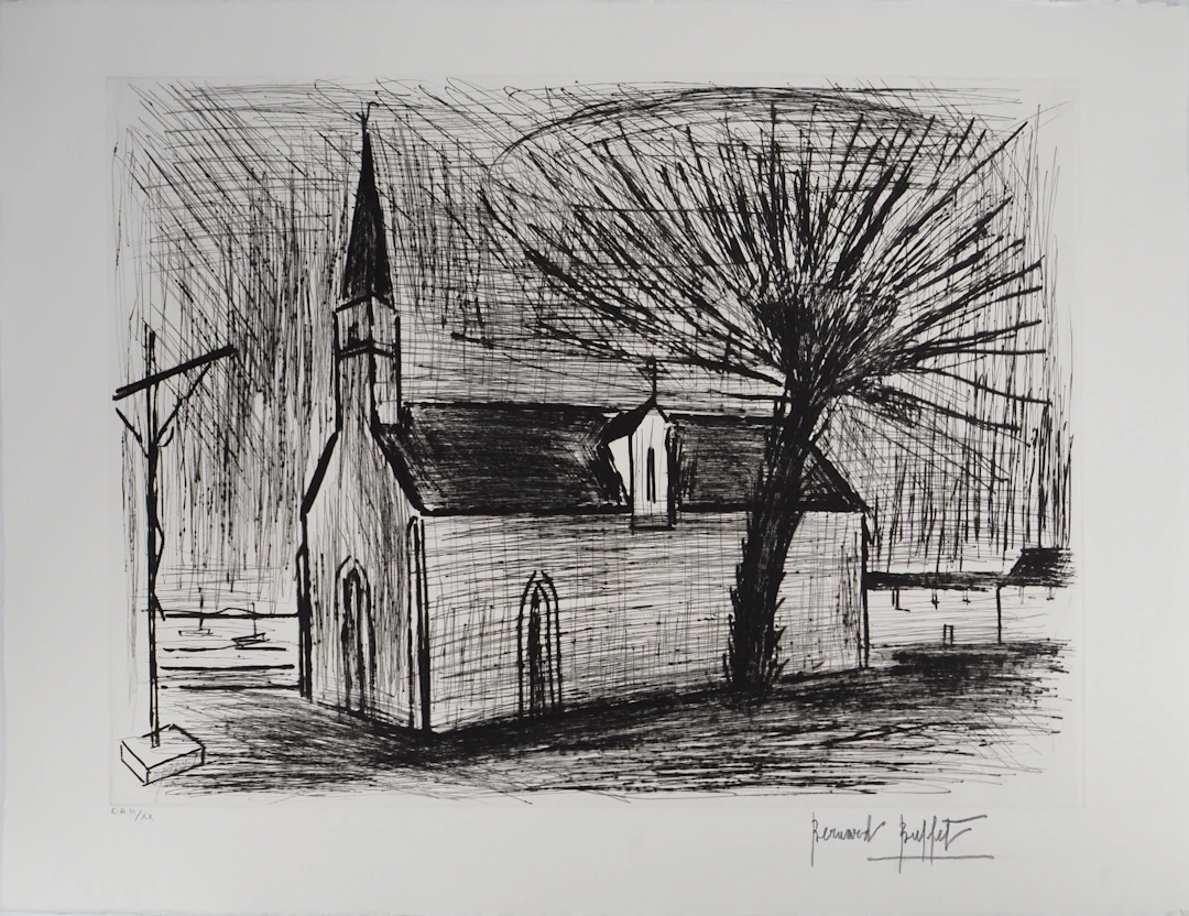 Bernard BUFFET : Bretagne, Chapelle et calvaire, Gravure originale signée