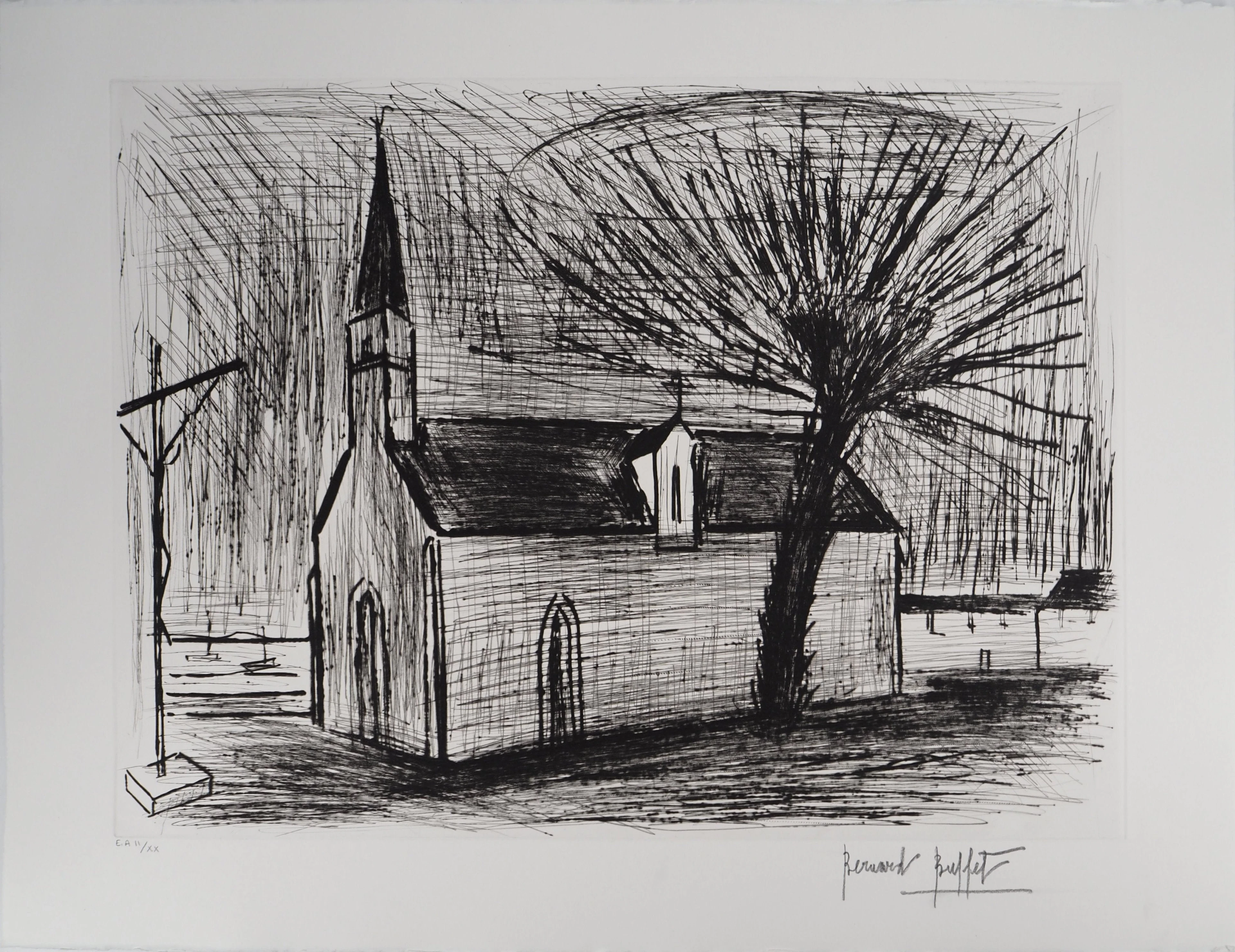 Bernard BUFFET : Bretagne, Chapelle et calvaire, Gravure originale signée