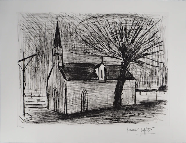 Bernard BUFFET : Bretagne, Chapelle et calvaire, Gravure originale signée