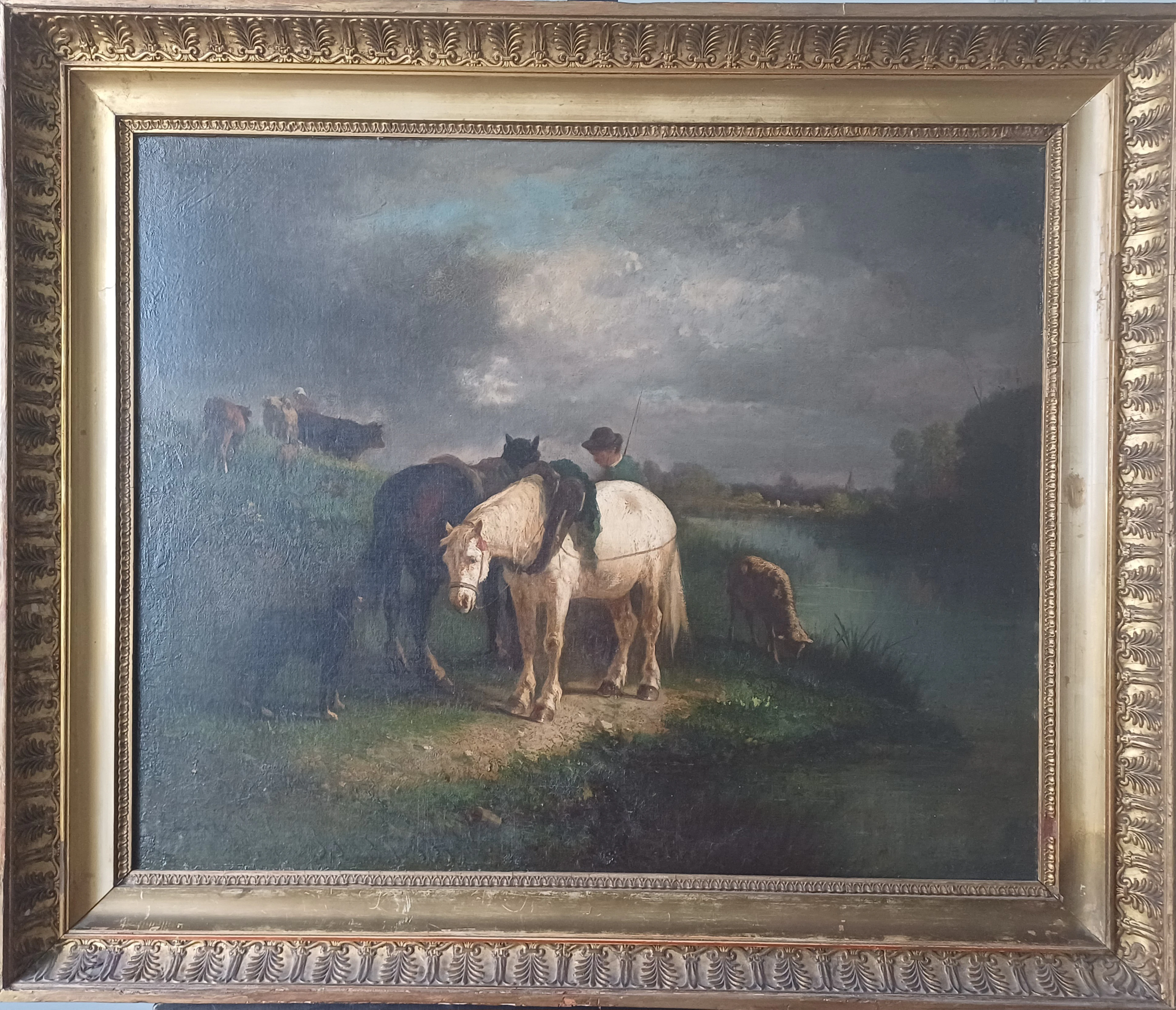 Antonio Cortes - les chevaux de halage - Huile sur toile encadré