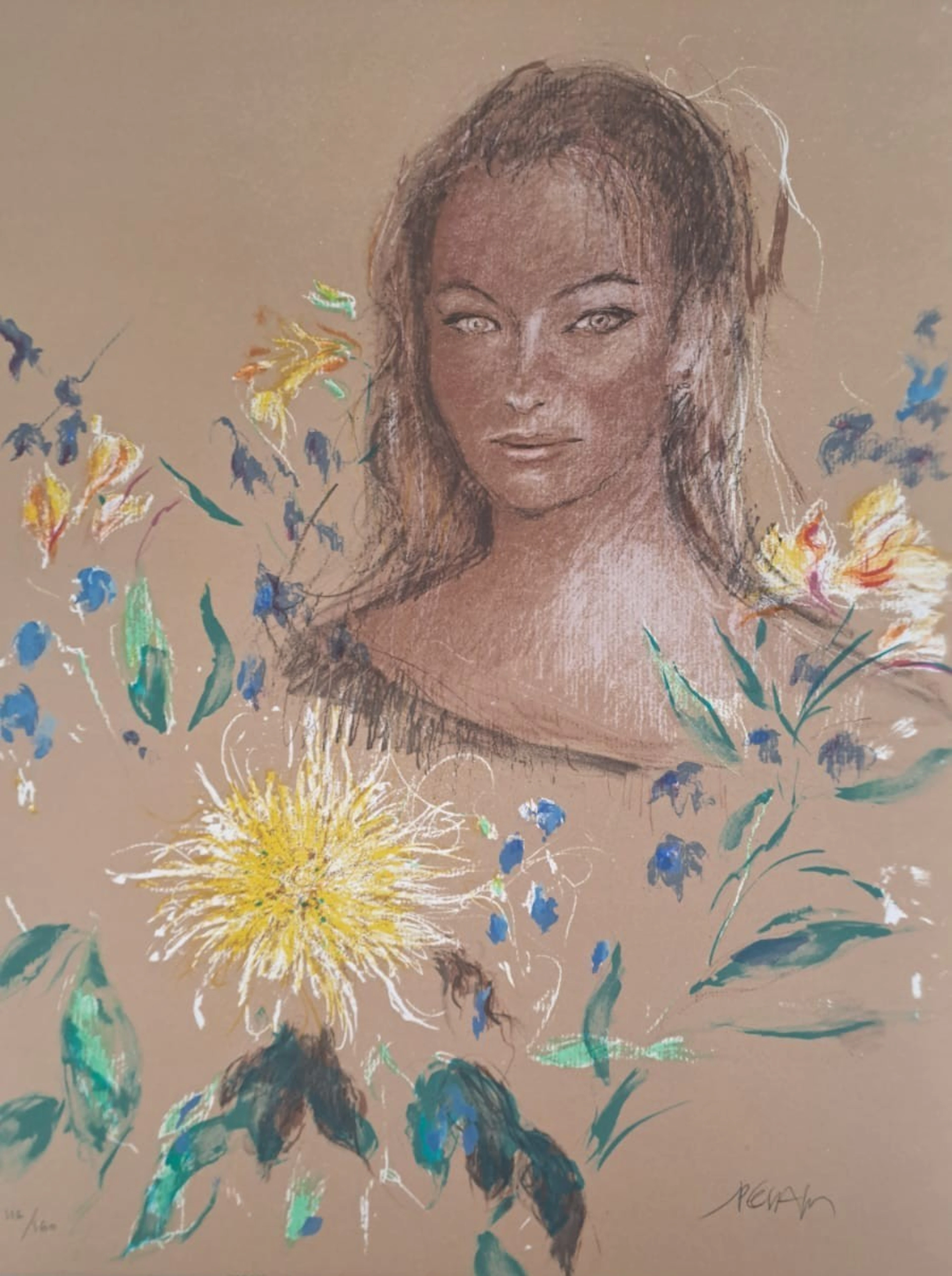 Jacques Pecnard - Jeune fille au bouquet jaune, 1991 - Lithographie