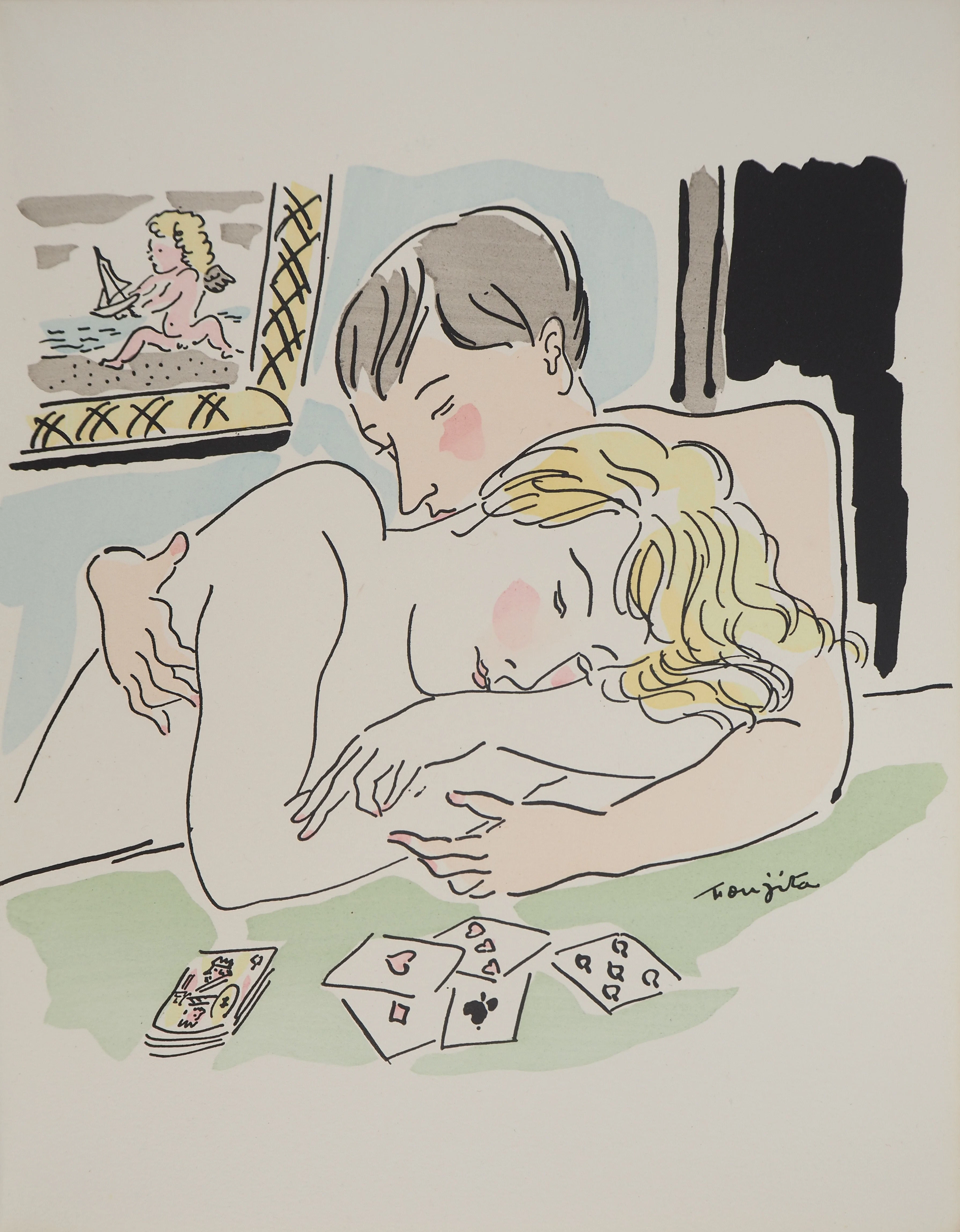 Léonard Tsuguharu FOUJITA : Amoureux au jeu de cartes, Gravure originale signée