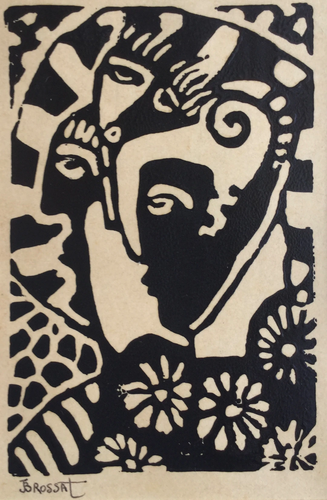 Jean-Henri BROSSAT - Les trois visages, vers 1990 - Linogravure signée