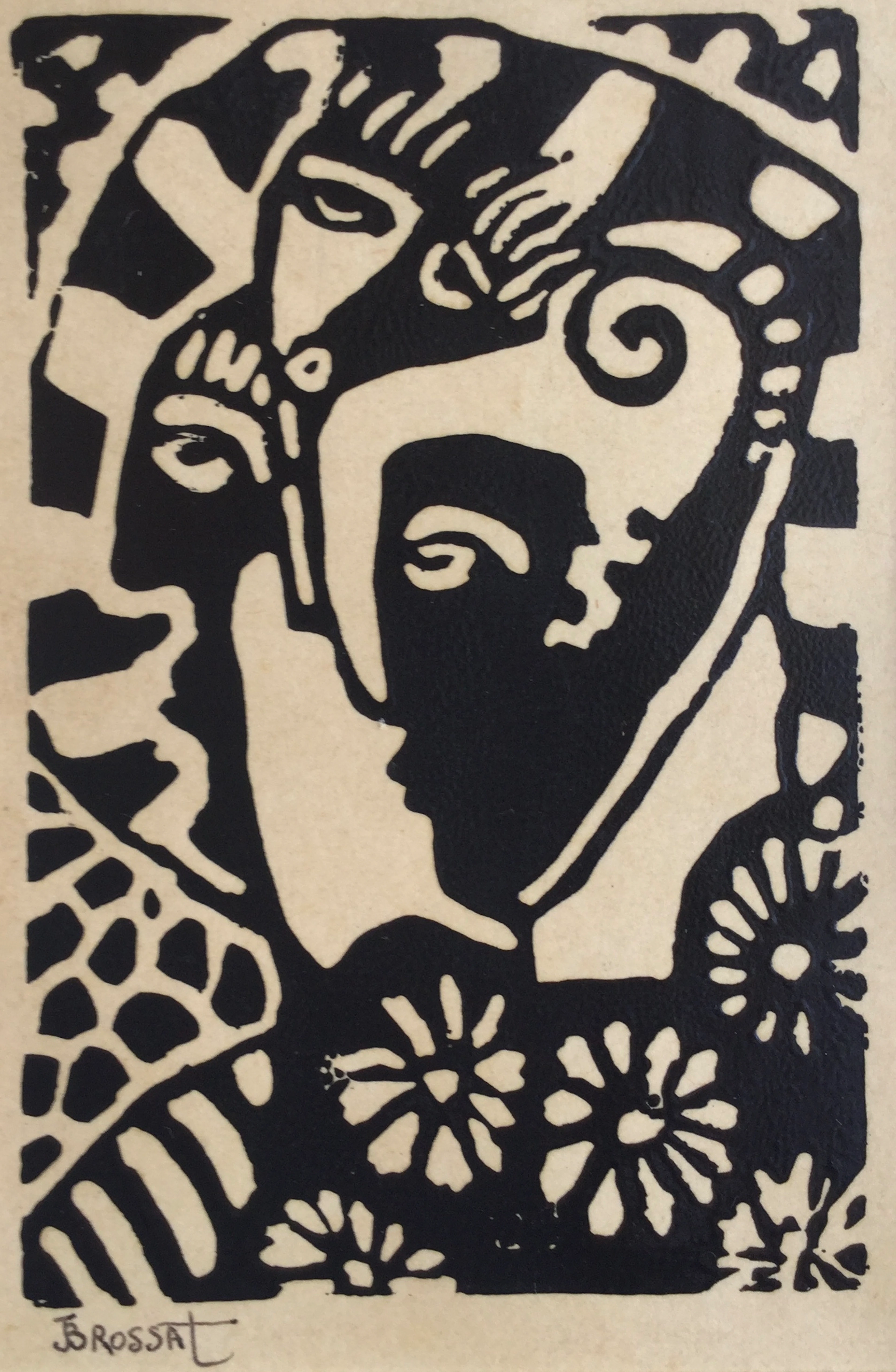 Jean-Henri BROSSAT - Les trois visages, vers 1990 - Linogravure signée