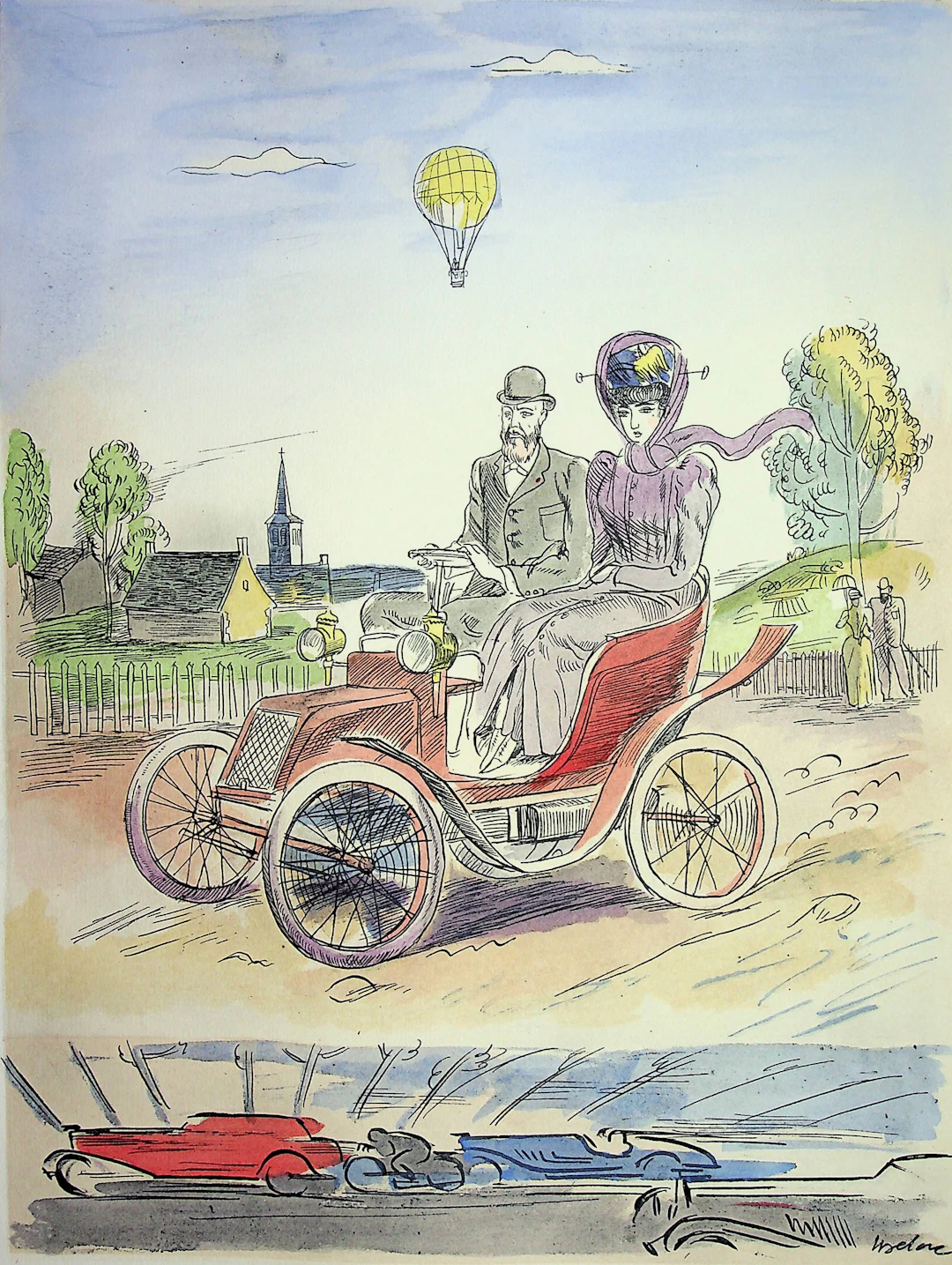 Milivoj UZELAC - Balade en automobile - Lithographie originale signée