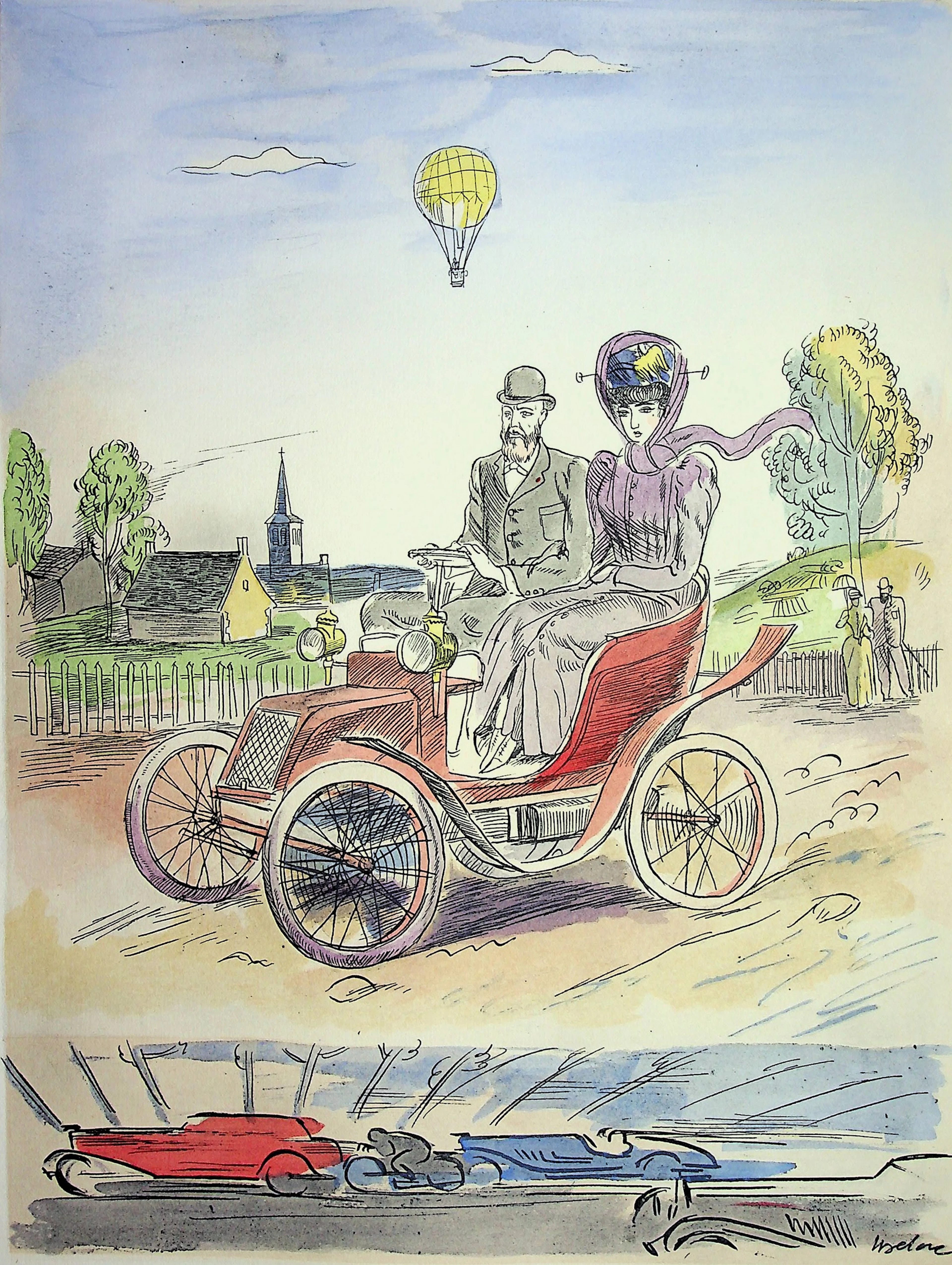 Milivoj UZELAC - Balade en automobile - Lithographie originale signée