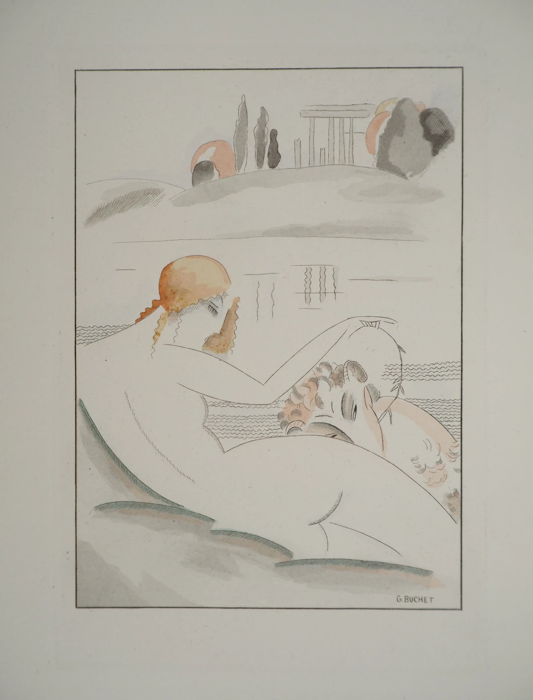 Gustave BUCHET : Les baigneuses antiques, Gravure originale et pochoir signée