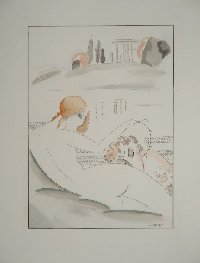 Gustave BUCHET : Les baigneuses antiques, Gravure originale et pochoir signée