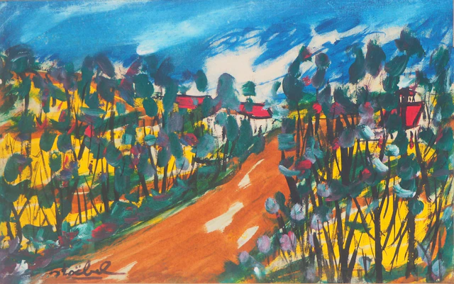 Edgar STOEBEL - Le hameau - Huile sur papier marouflé sur toile, signée