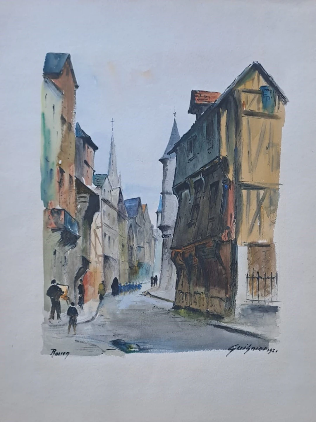 Fernand Guignier - La rue Saint-Romain, Rouen, 1951 - Aquarelle signée
