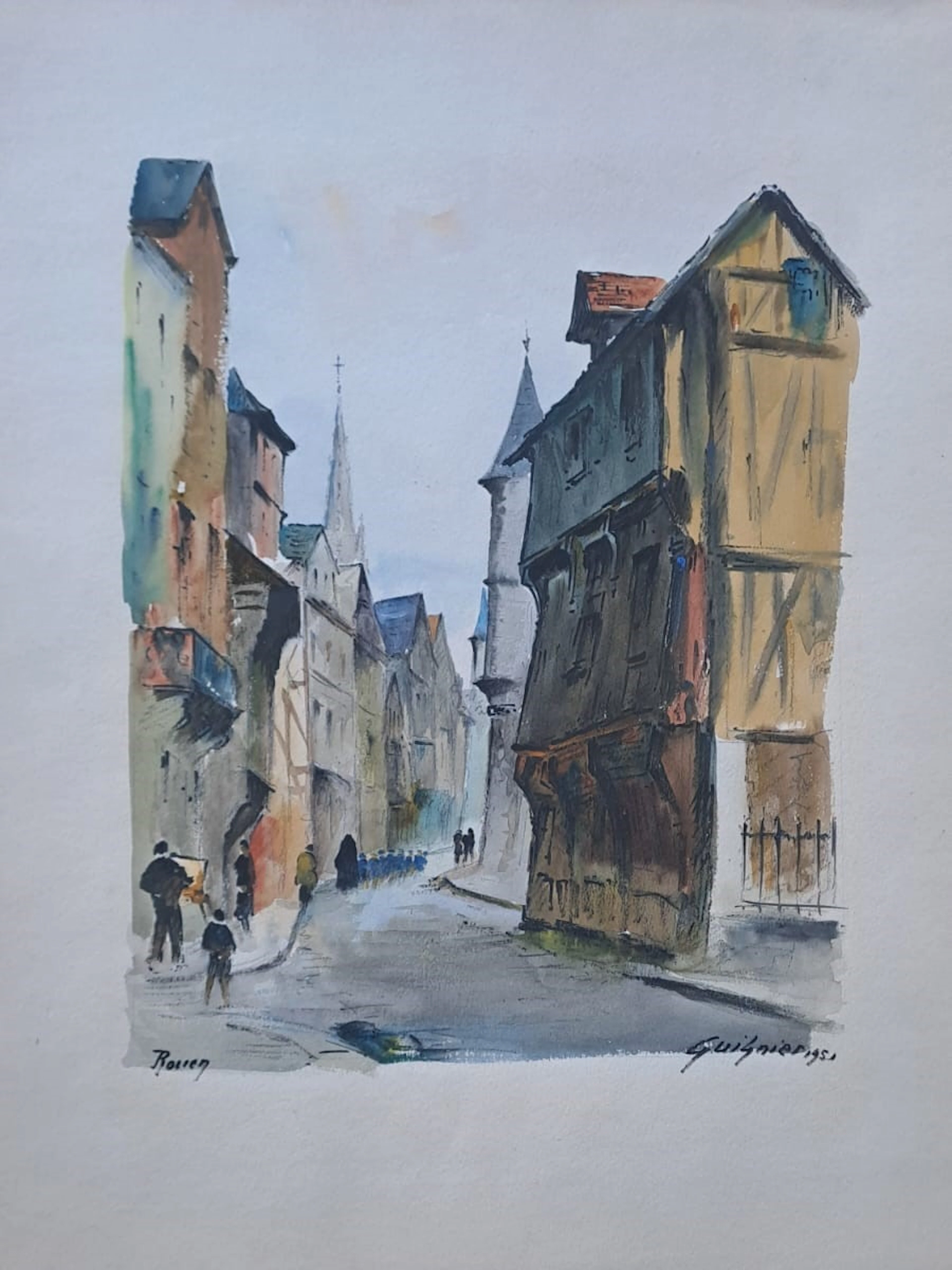 Fernand Guignier - La rue Saint-Romain, Rouen, 1951 - Aquarelle signée