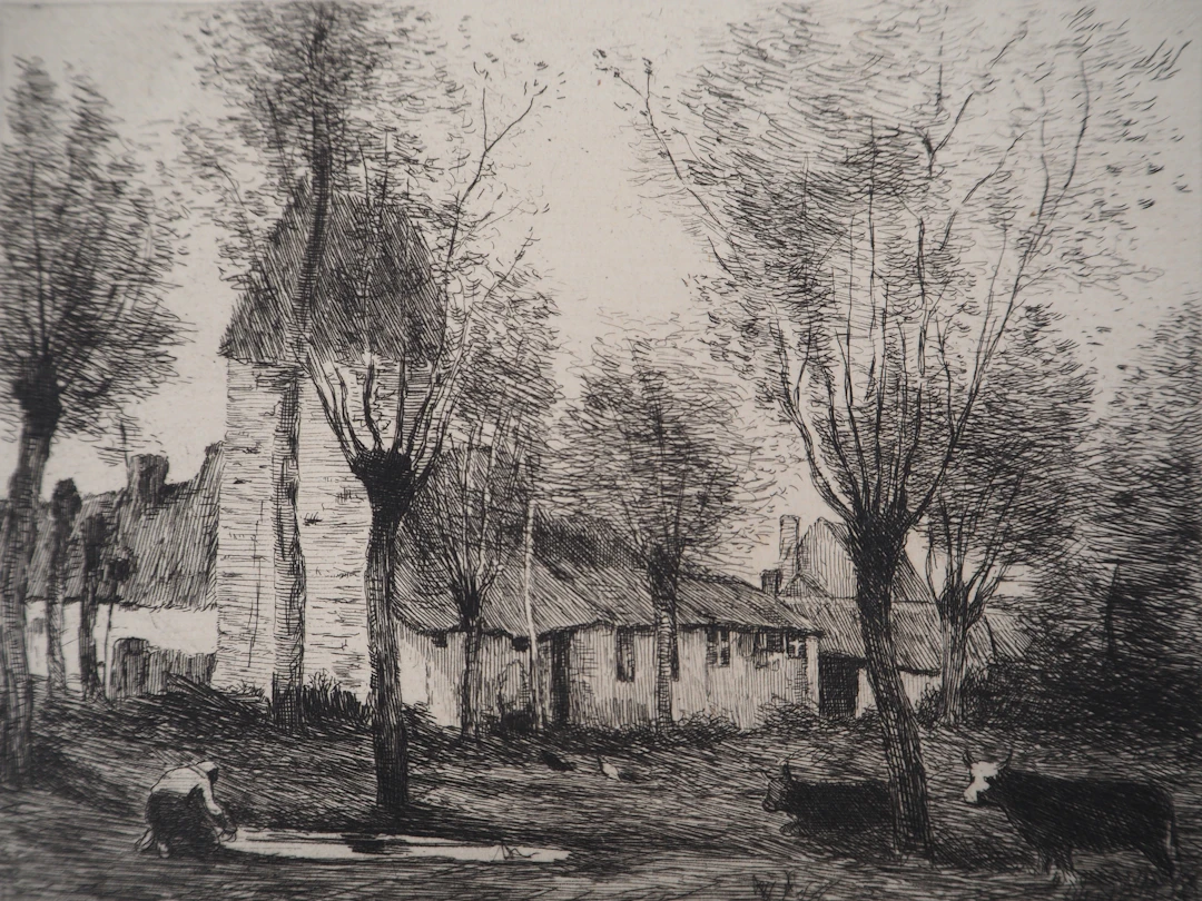 JB Camille COROT (d’après), Paysage fermier - Gravure, Signée #Durand