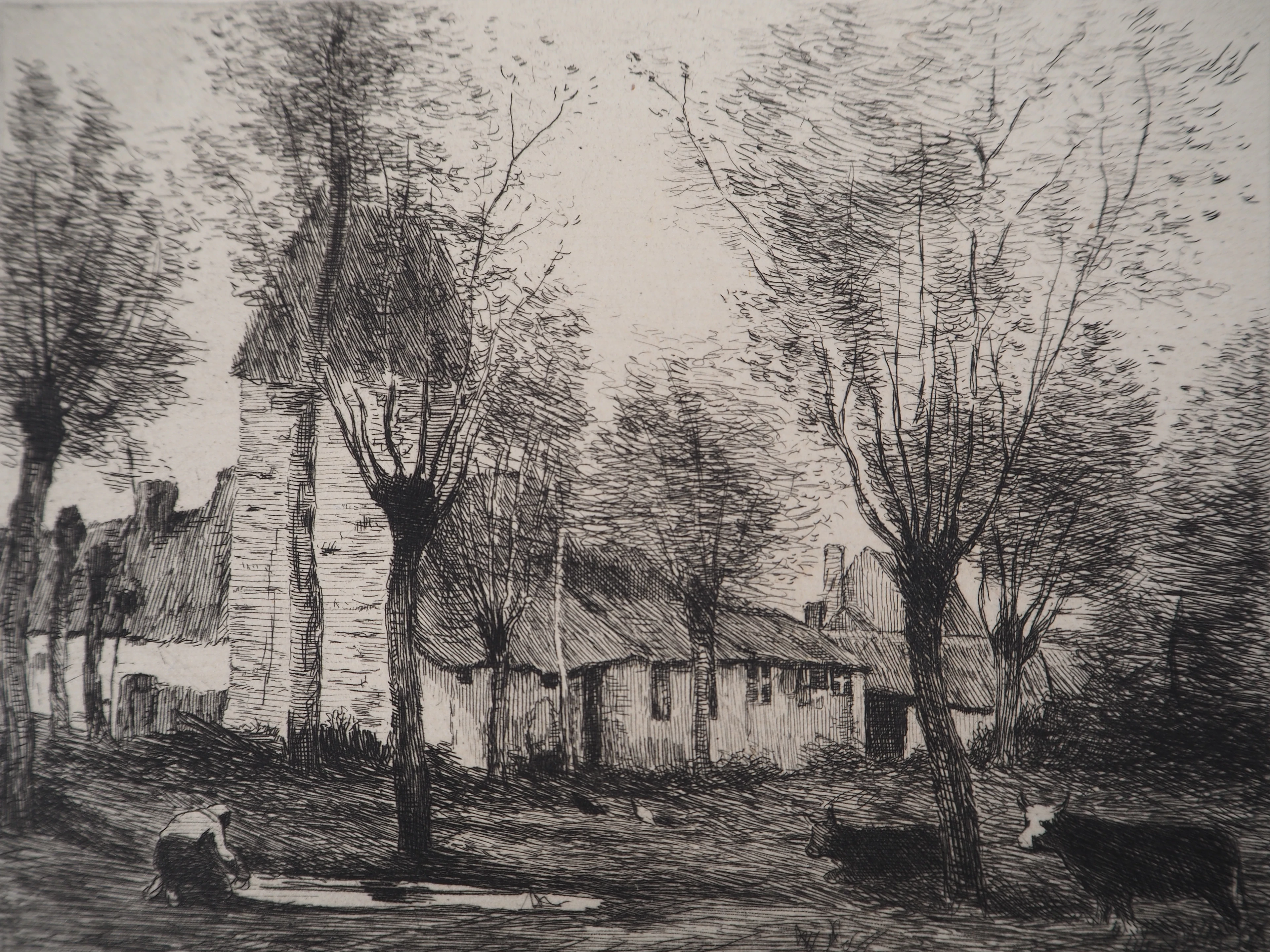 JB Camille COROT (d’après), Paysage fermier - Gravure, Signée #Durand