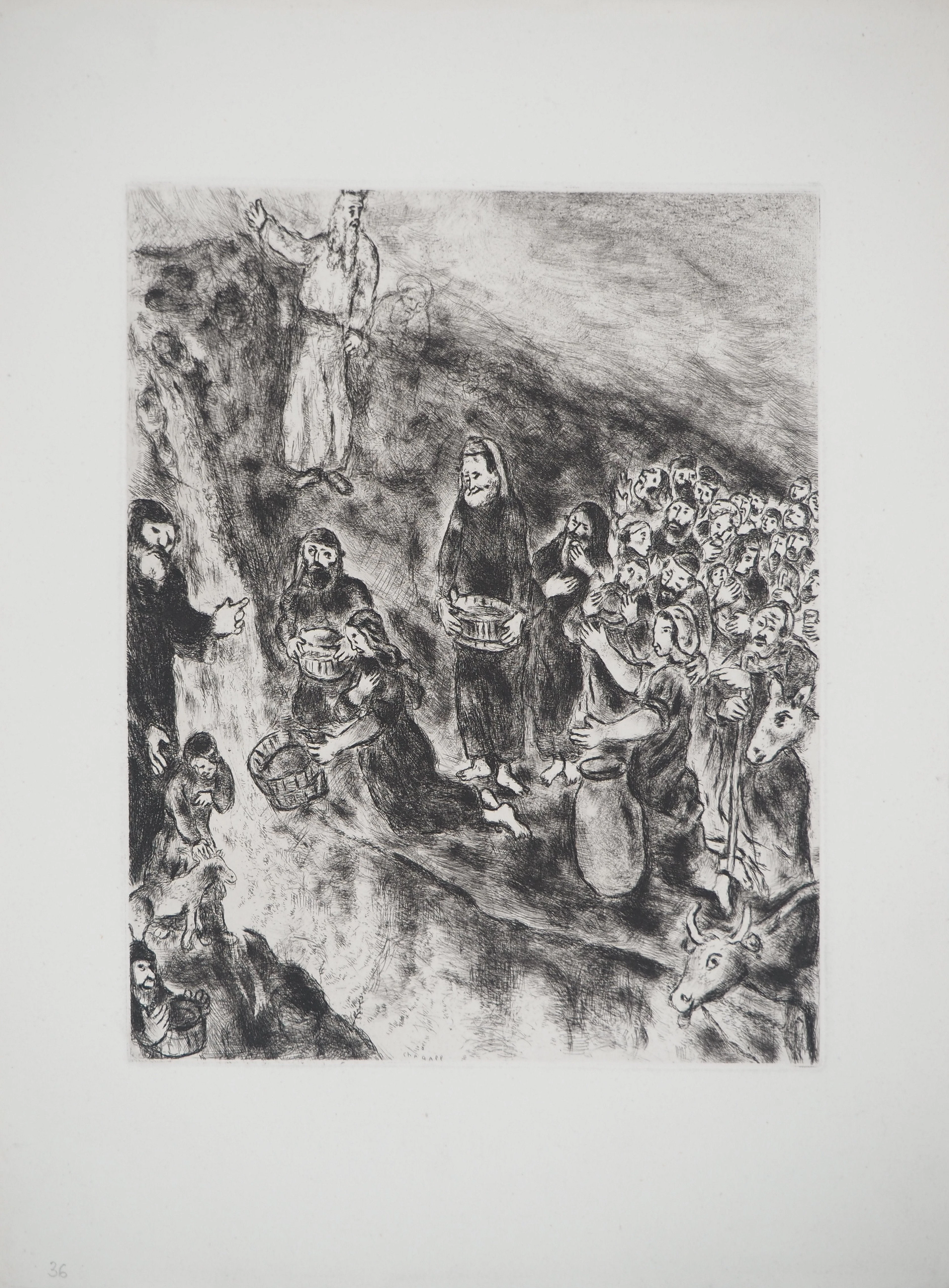 Marc CHAGALL : Moïse fait jaillir l'eau du rocher, Gravure originale signée