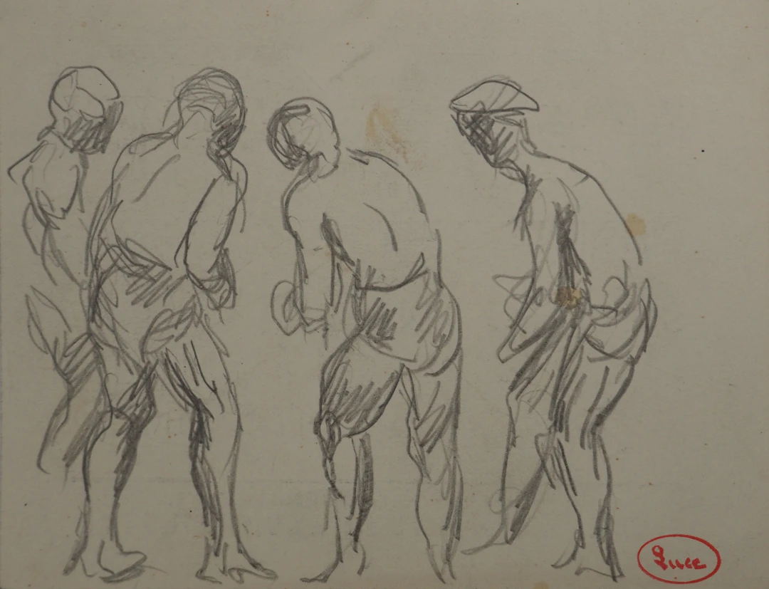 Maximilien LUCE : Joueurs de pétanque, Dessin original signé