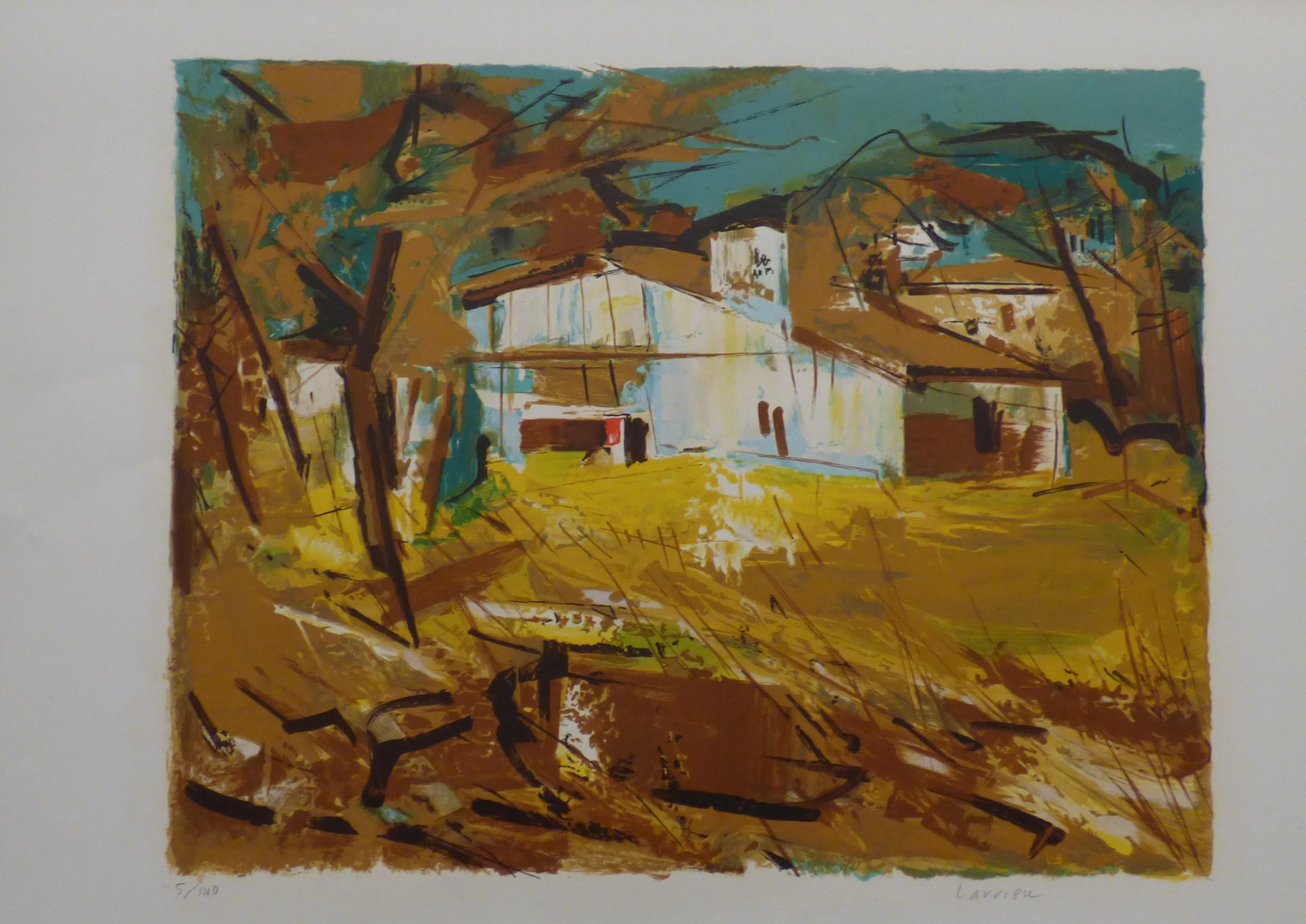 Gaston LARRIEU - Maison blanche en forêt, 1970 - Lithographie originale signée