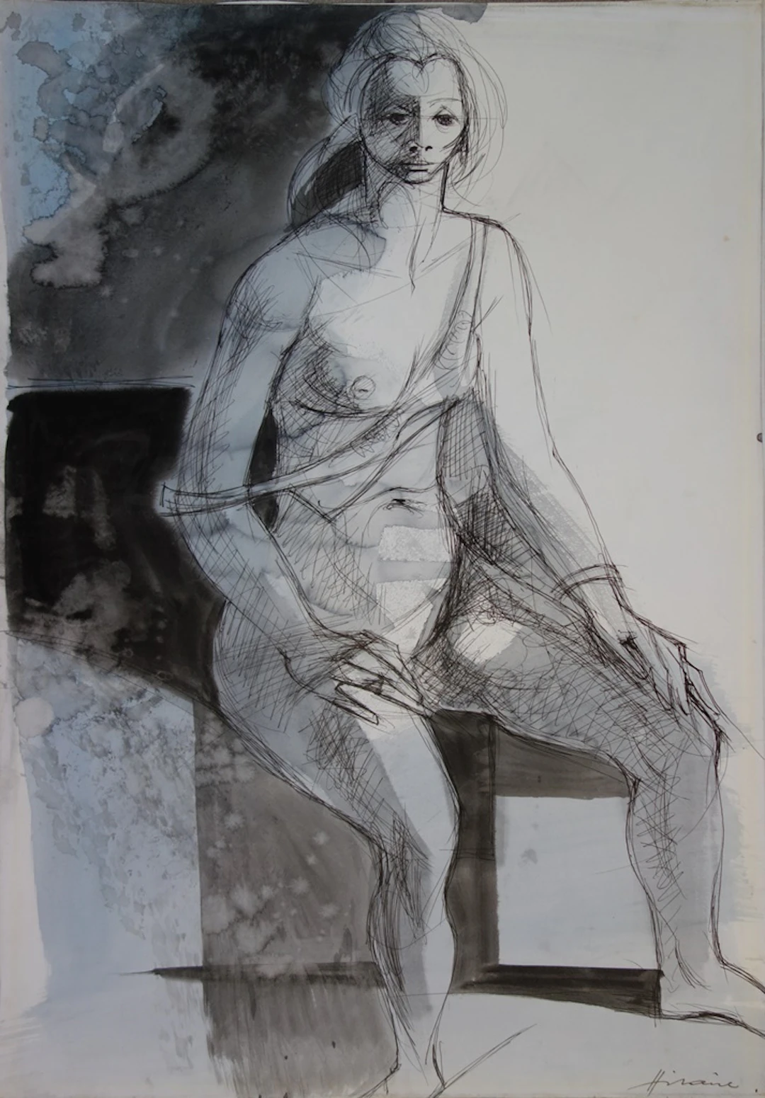 Camille HILAIRE - Modèle assis, Grande aquarelle originale signée