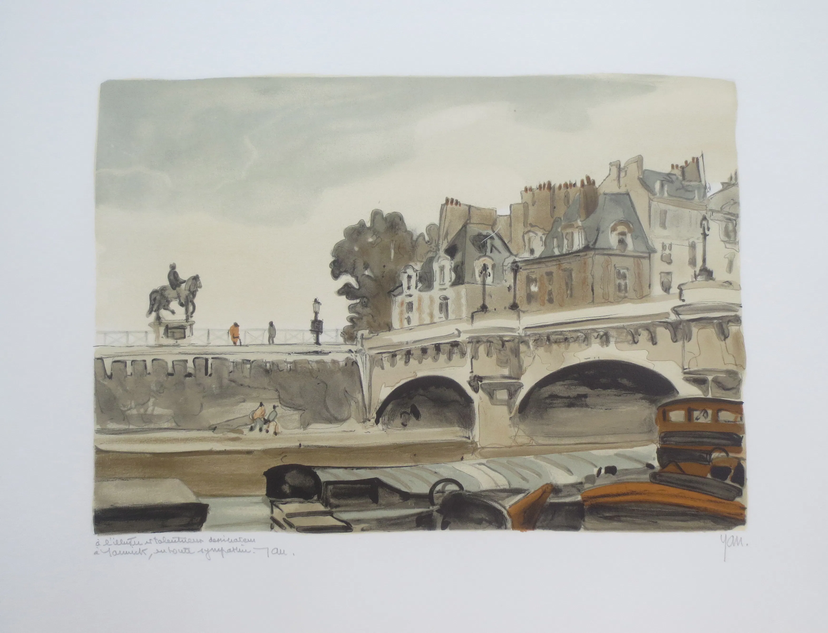 Robert YAN - Le Pont Neuf, Statue Henri IV - Lithographie signée et dédicacée
