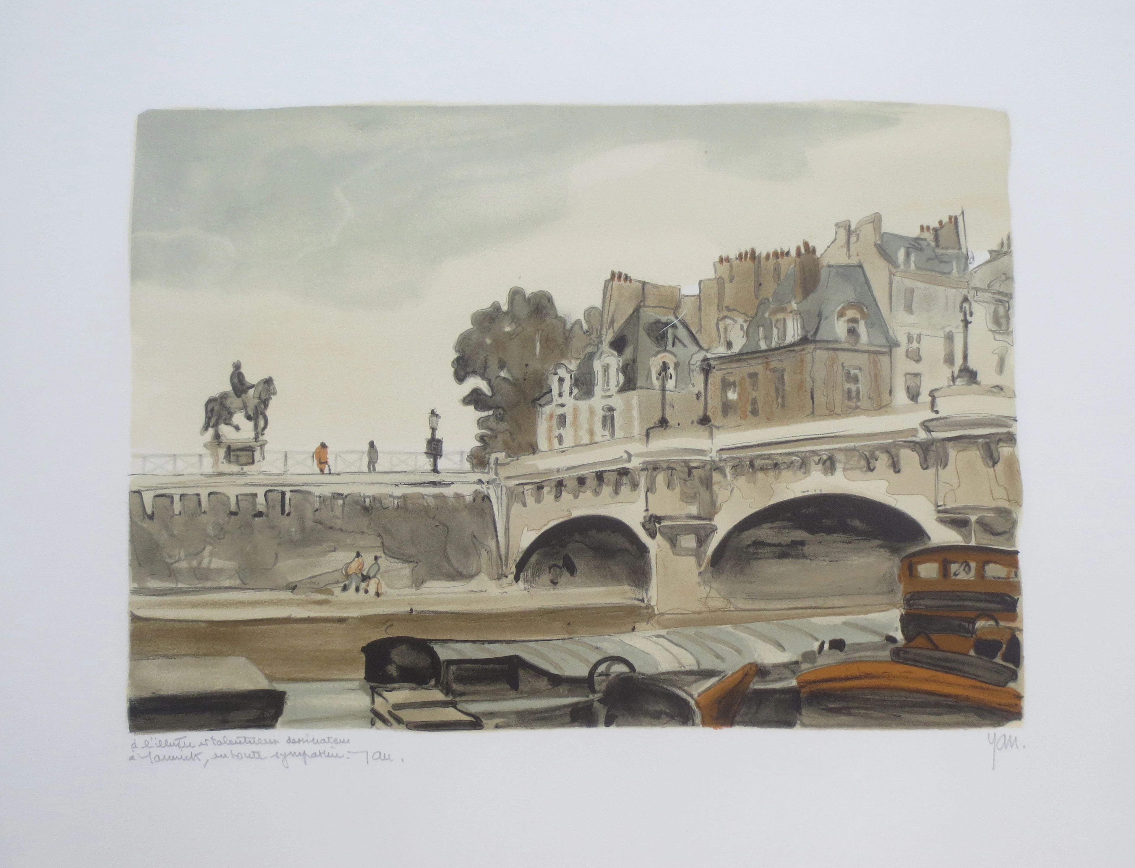 Robert YAN - Le Pont Neuf, Statue Henri IV - Lithographie signée et dédicacée