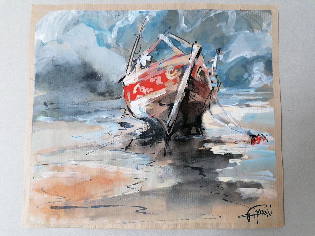 Antoine Faure - Bâteau rouge à marée basse - Gouache et encre sur papier