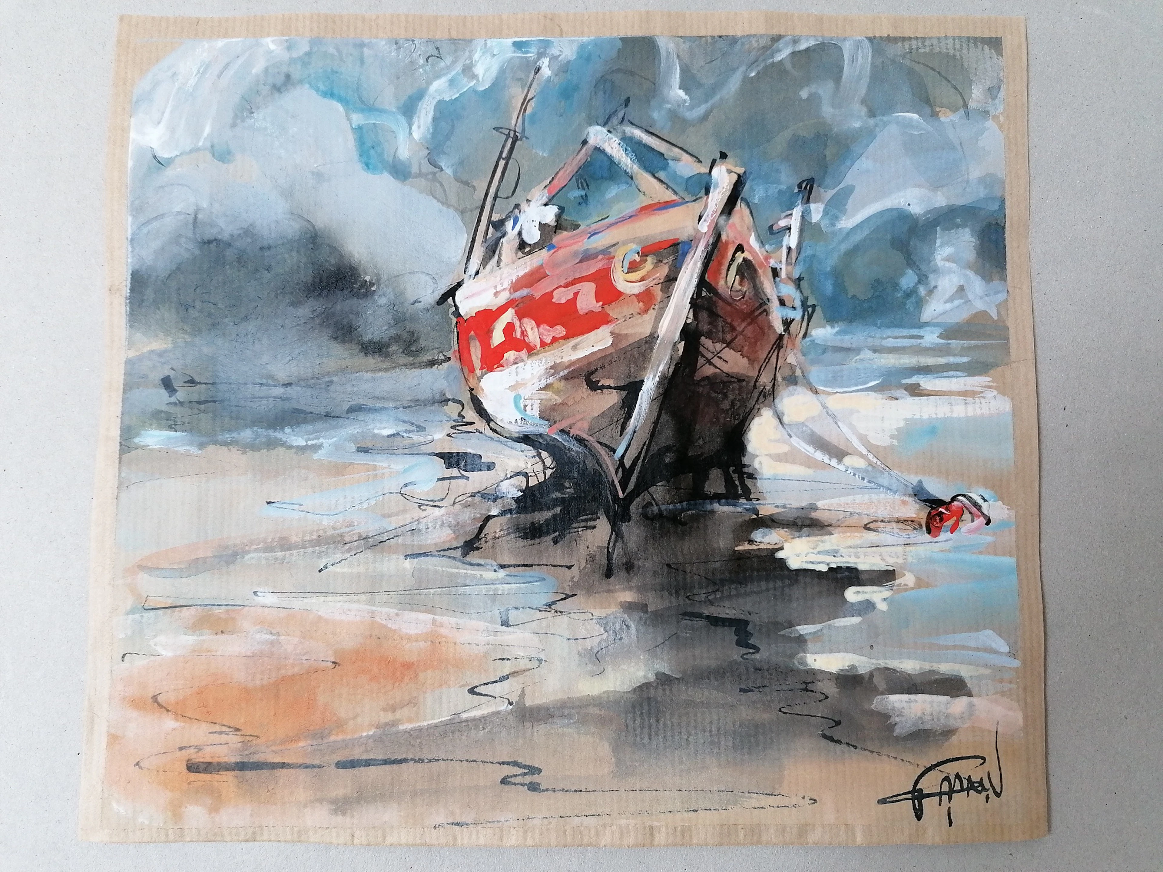 Antoine Faure - Bâteau rouge à marée basse - Gouache et encre sur papier