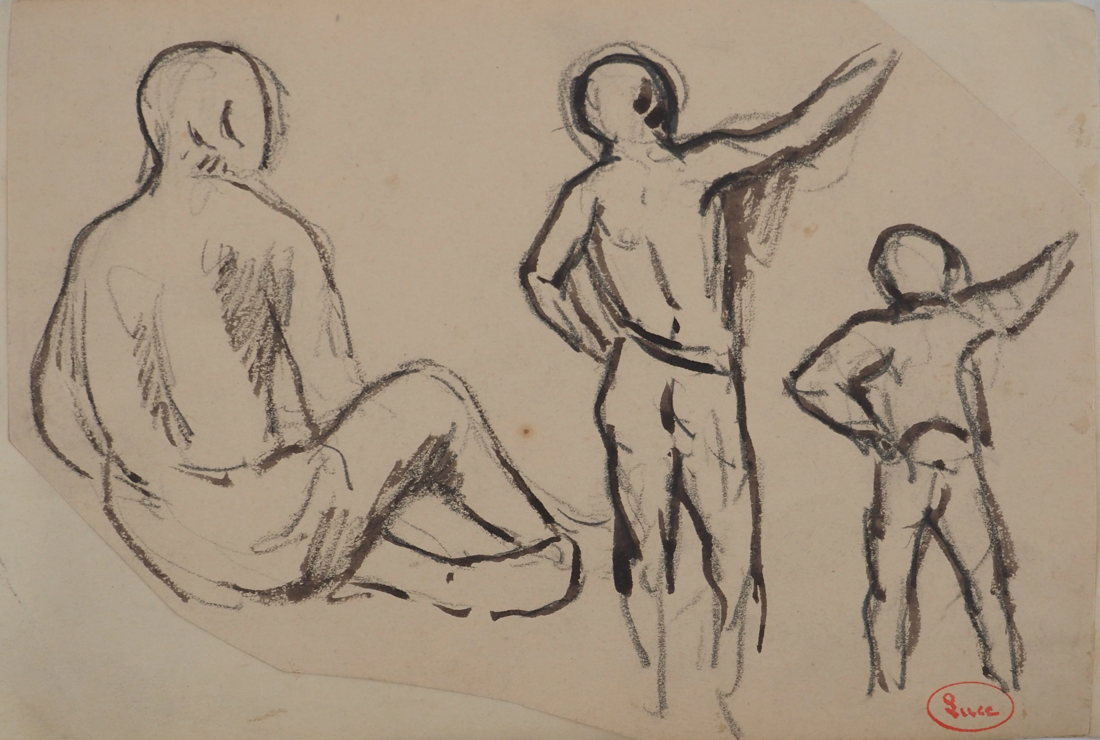 Maximilien LUCE : Silhouettes vues de dos, Dessin original signé
