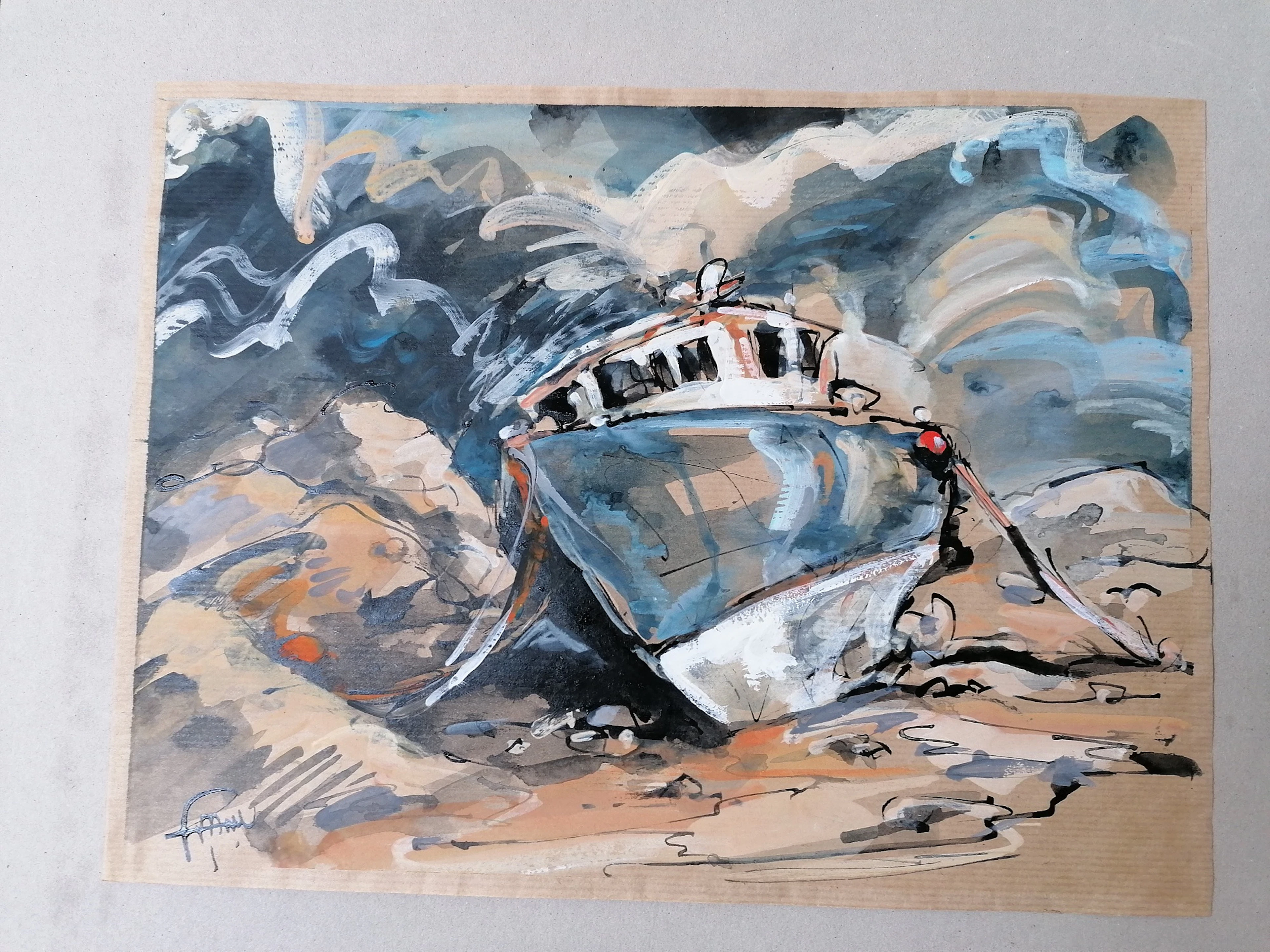Antoine Faure - Chalutier au repos, - Gouache et encore sur papier