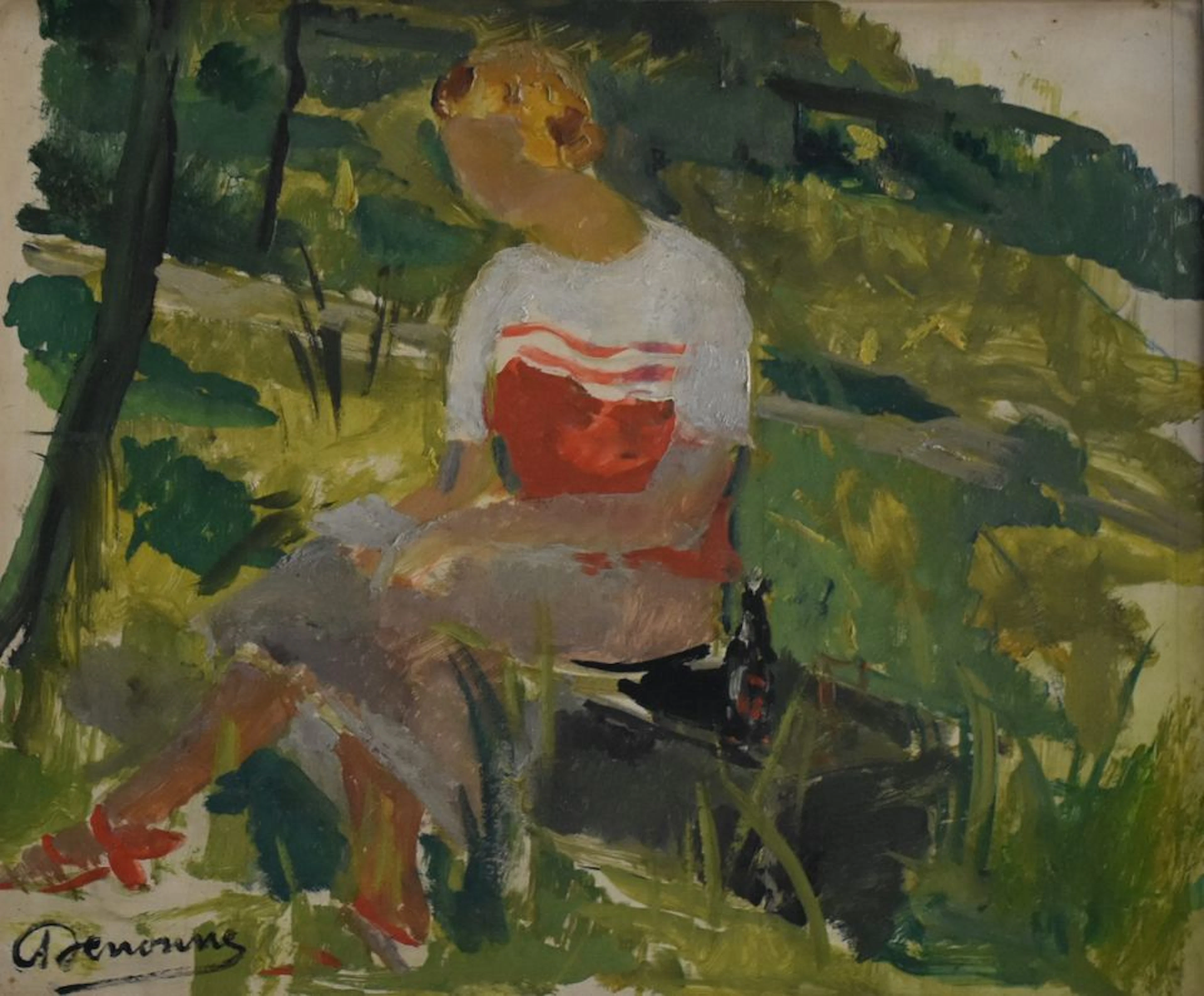 Alexandre DENONNE - Jeune fille lisant une lettre dans un parc - Huile