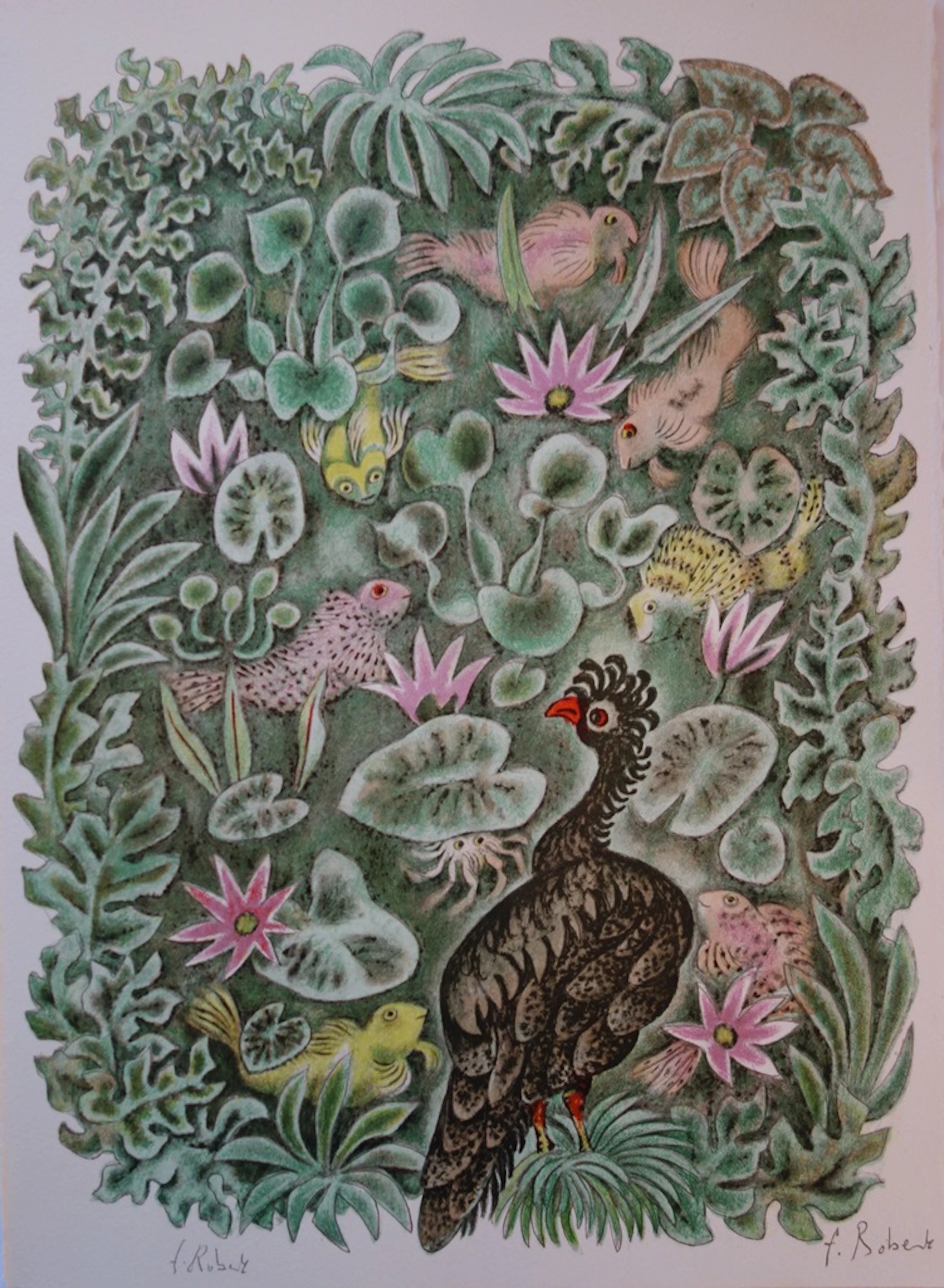 Dom ROBERT - Les poissons et le cormoran - Lithographie originale signée