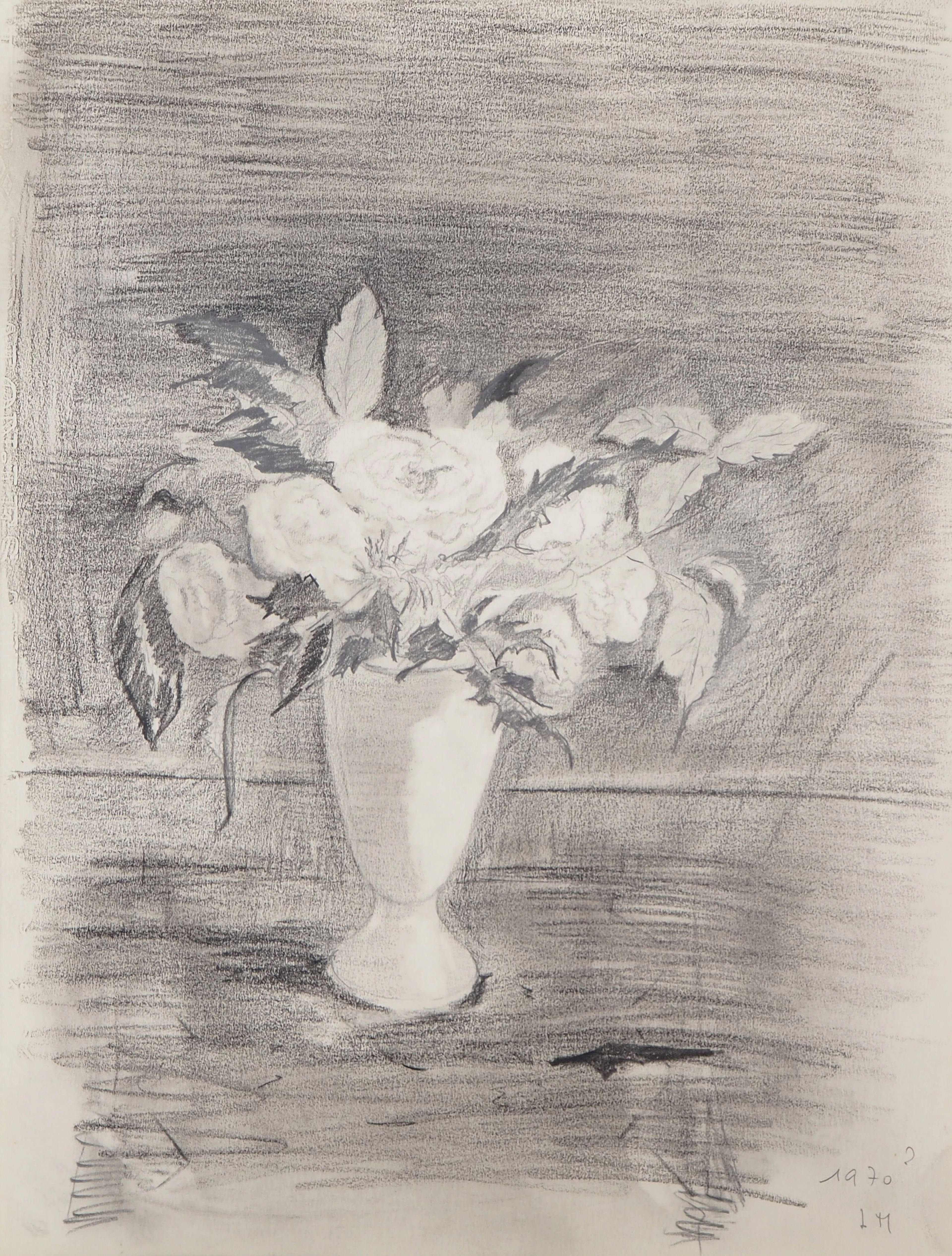 Lily MASSON : Bouquet de fleur, c. 1970 - Dessin au crayon original signé