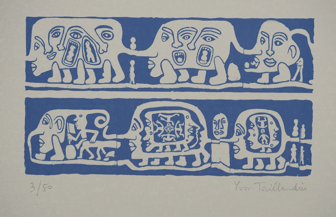 Yvon TAILLANDIER : Catitipède aux visages en bleu II, Sérigraphie