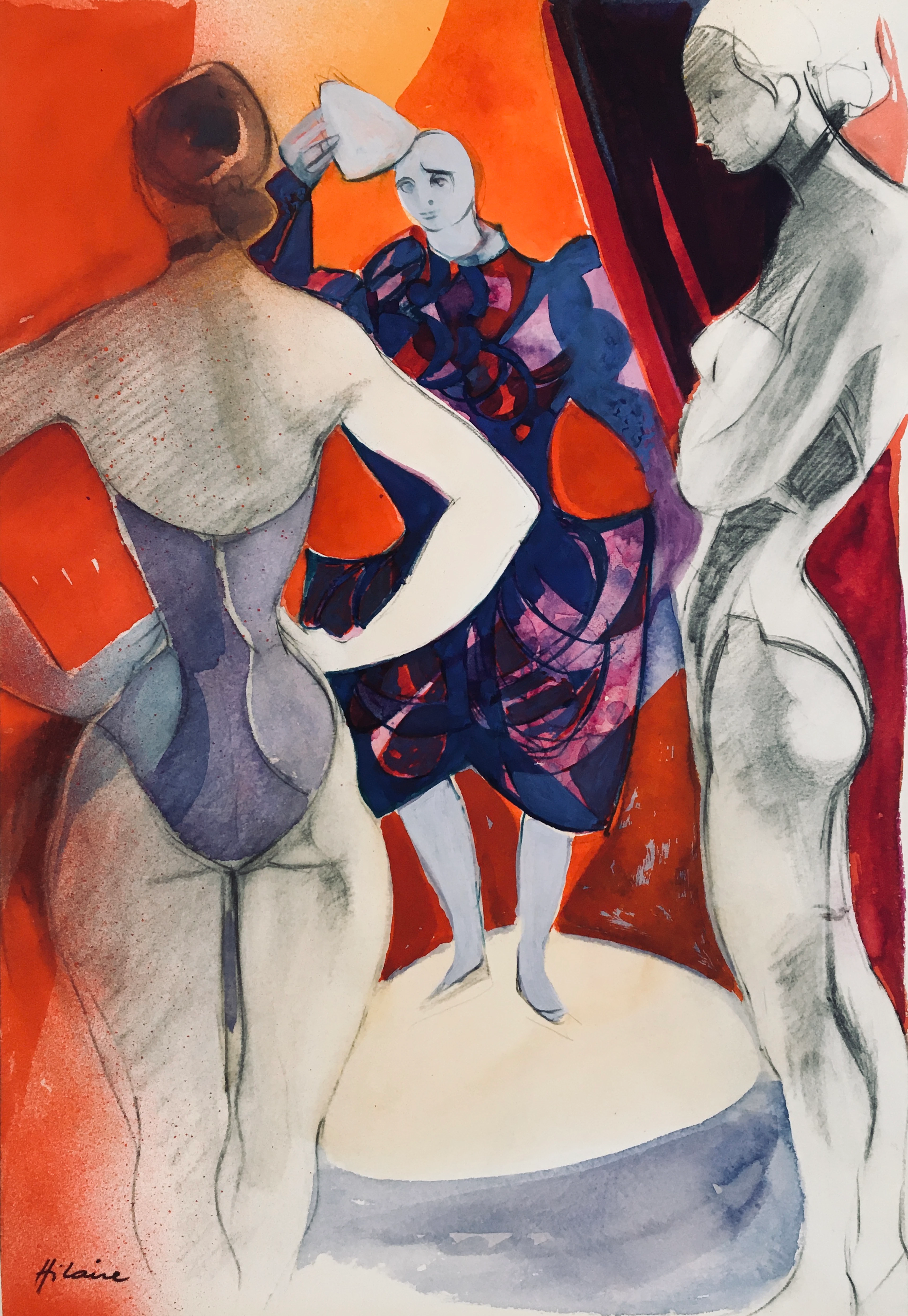 Camille HILAIRE - Le clown Auguste sur la piste, 1974 - Aquarelle