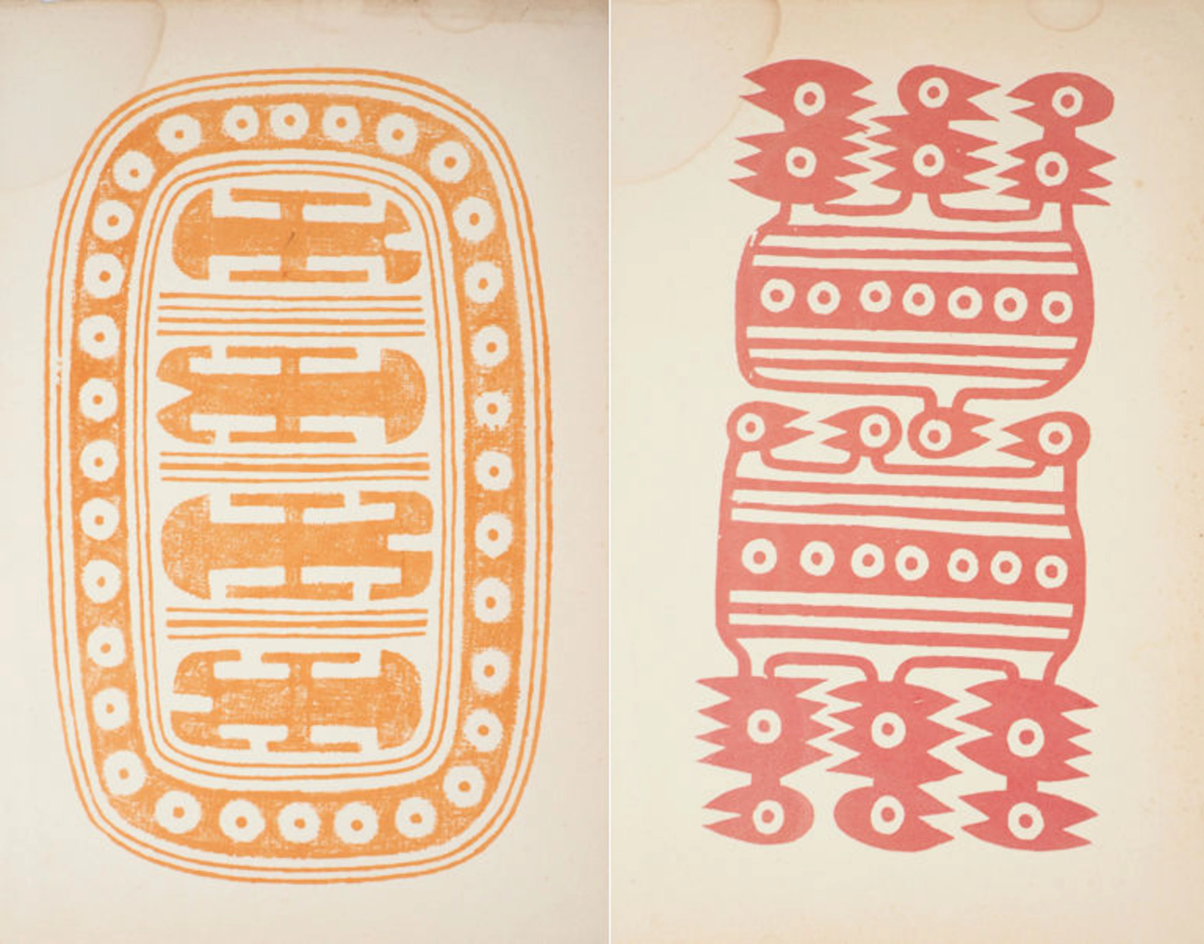 Deux lithographies à motif Précolombien : "Totems à motifs géométriques"