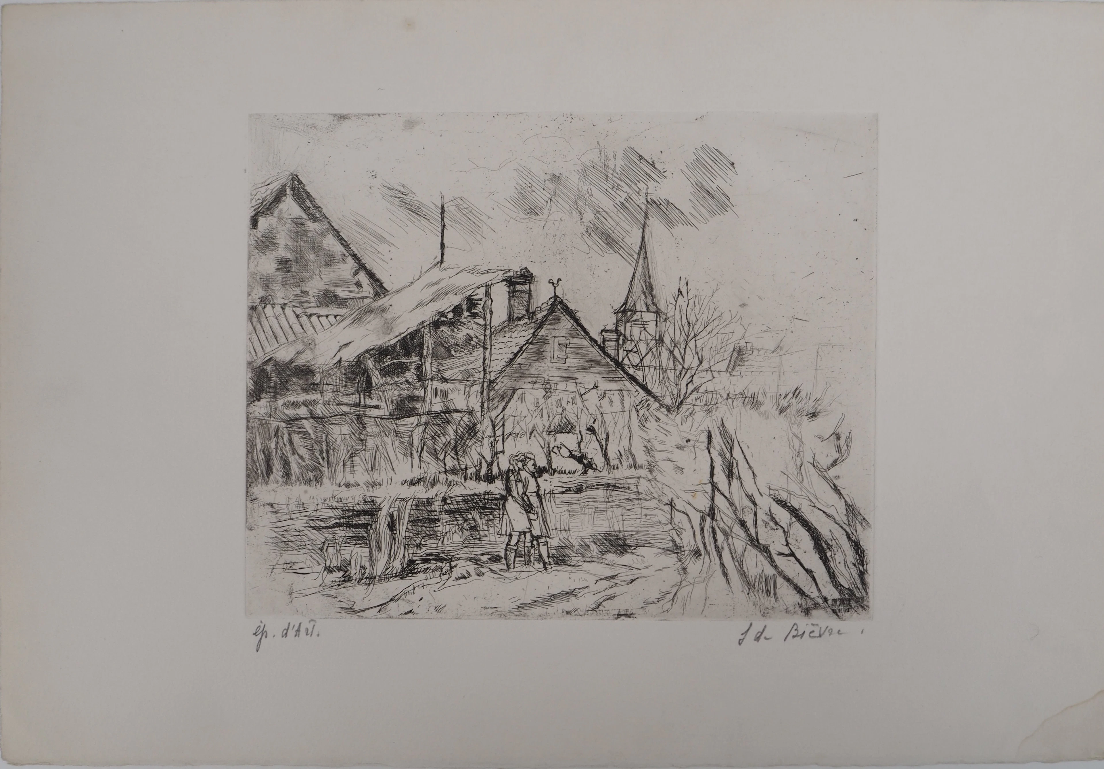 Solange de BIÈVRE - Paysage rural, vers 1970 - Gravure originale, signée