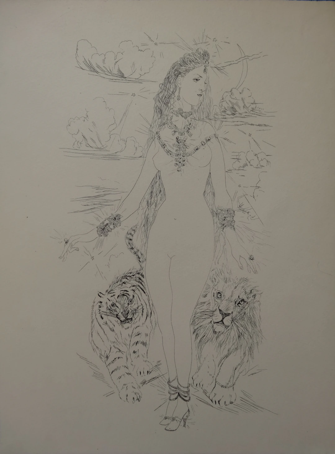 Léonard FOUJITA - La Rivière Enchantée, Nu aux tigres - Gravure originale