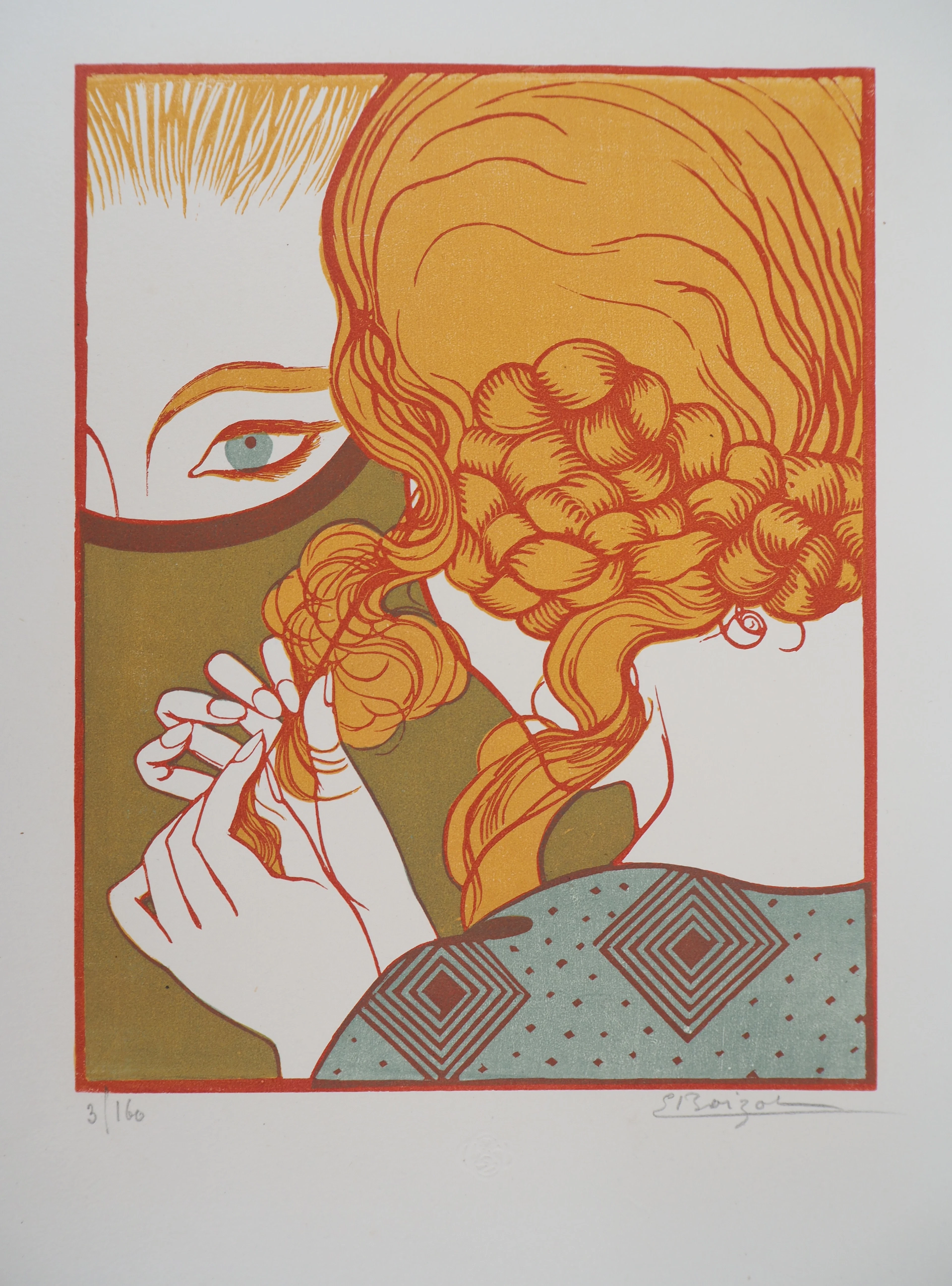 Emile BOIZOT : Art Déco, le Miroir - Bois gravé original signé, 1927