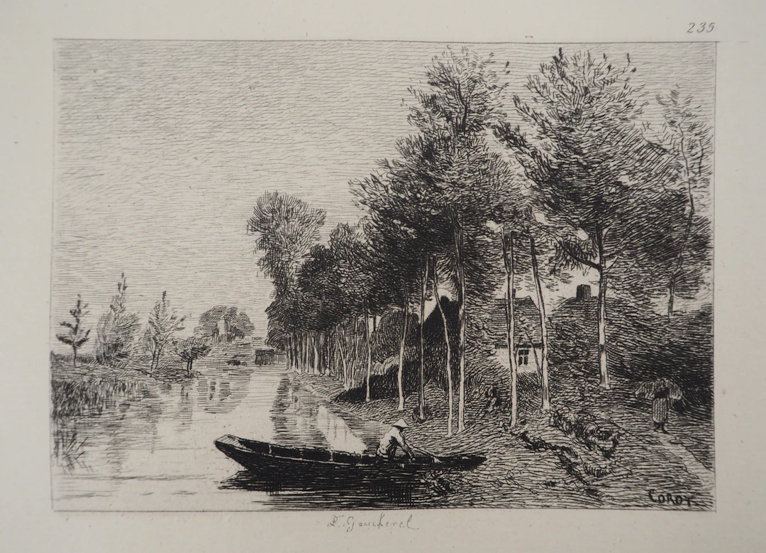 JB Camille COROT (d’après) - Paysage, Rivière avec canot, 1873 - Gravure