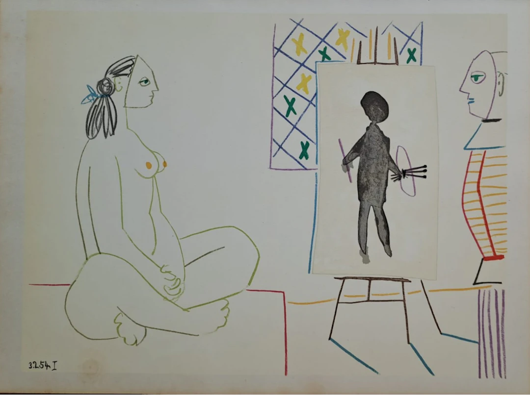 Pablo Picasso - Le peintre et son modèle masqués, 1954 - Lithographie
