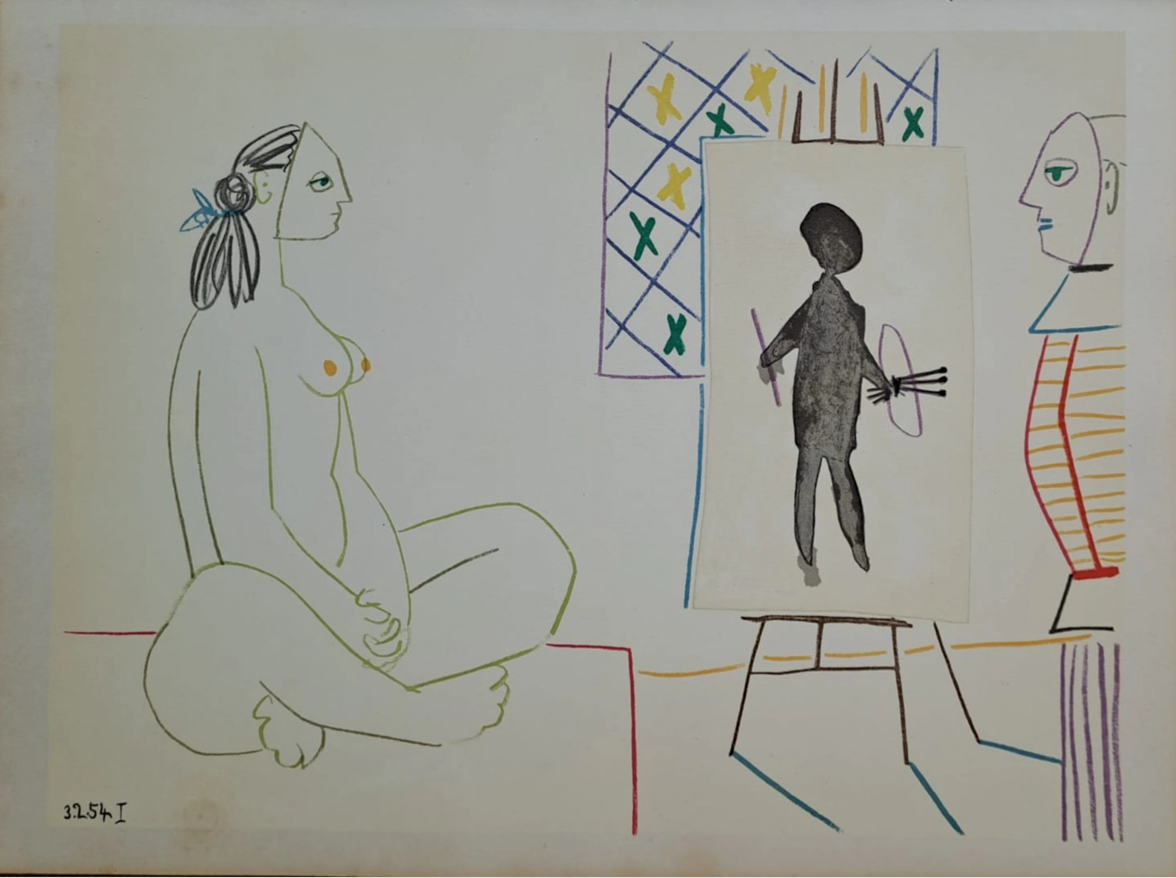 Pablo Picasso - Le peintre et son modèle masqués, 1954 - Lithographie