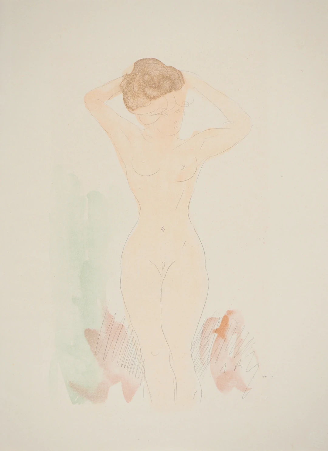 Auguste RODIN : Modèle se recoiffant, Lithographie et pochoir signé
