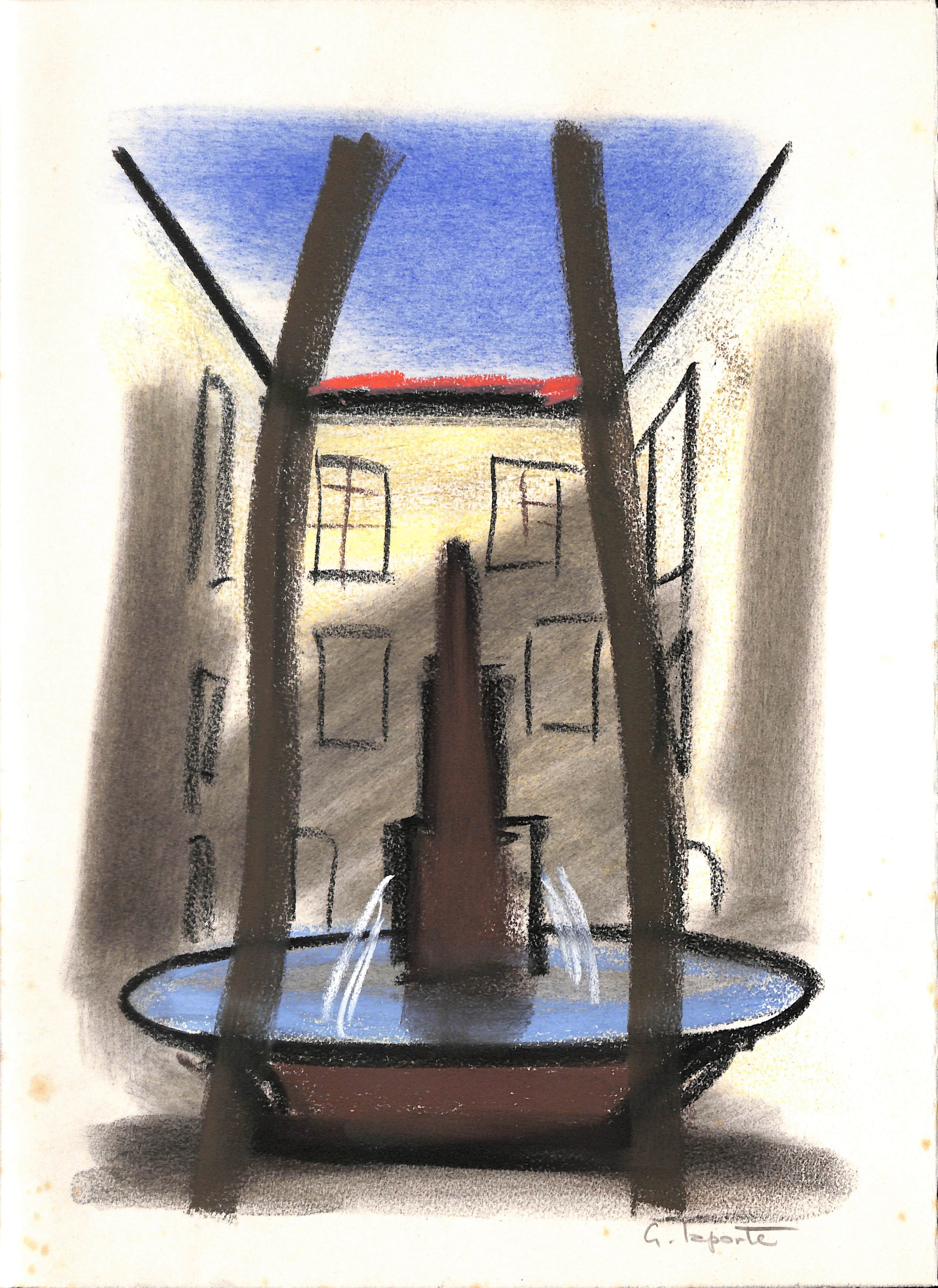 Georges LAPORTE - Place de la fontaine, 1974 - Dessin original au pastel signé