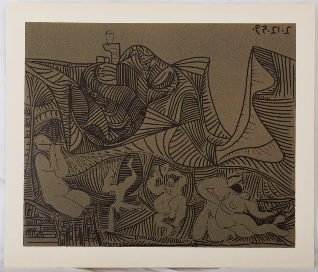 Pablo PICASSO : Bacchanale, Danse de nuit au hibou - Linogravure (1962)