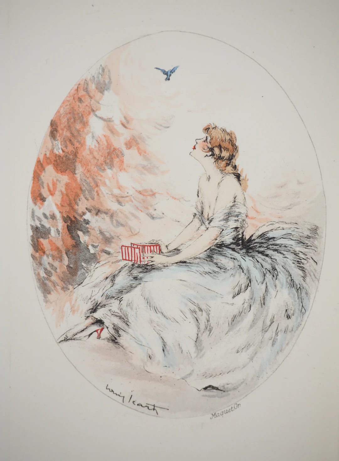 Louis ICART - Jeune femme et l’oiseau libéré, Gravure originale signée