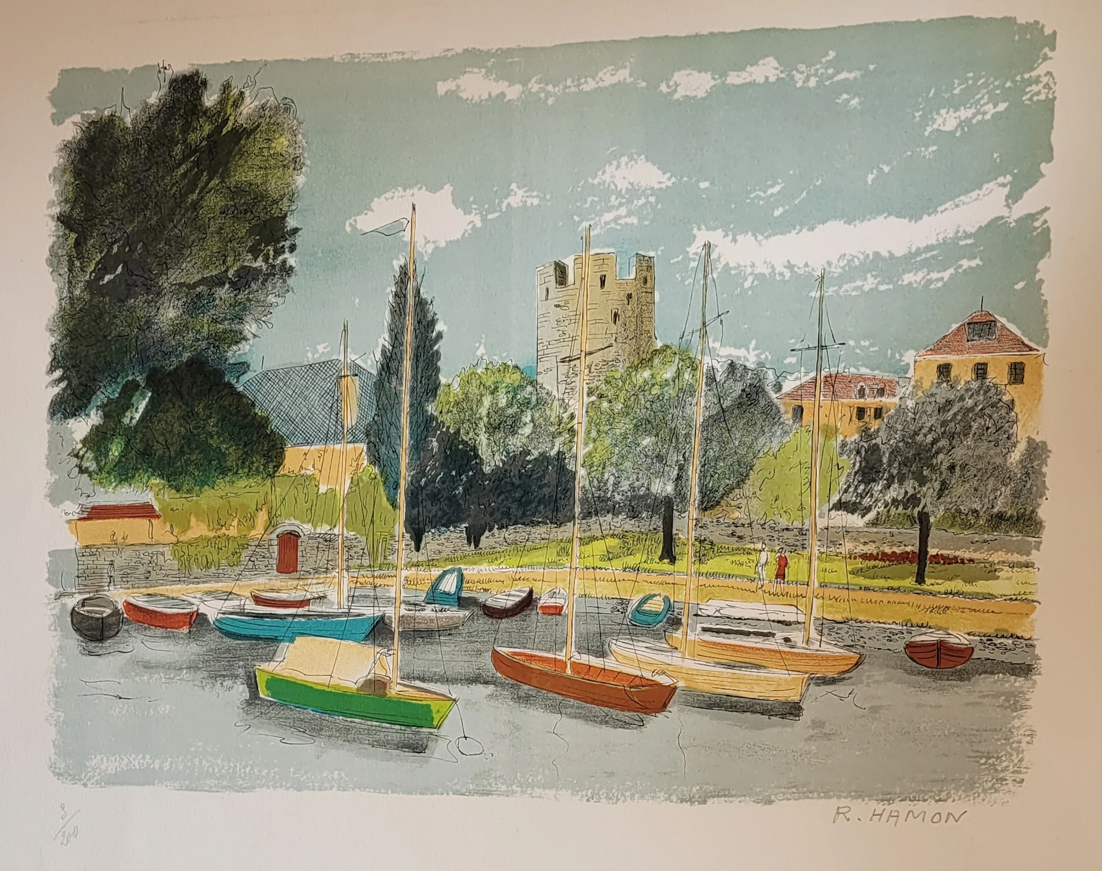 Roland HAMON - Petit port du Léman, 1978 - Lithographie originale
